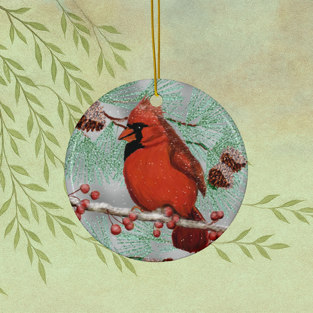 Cardinal Bird Ceramic Ornament — Red Cardinal Holiday Tree Decoration