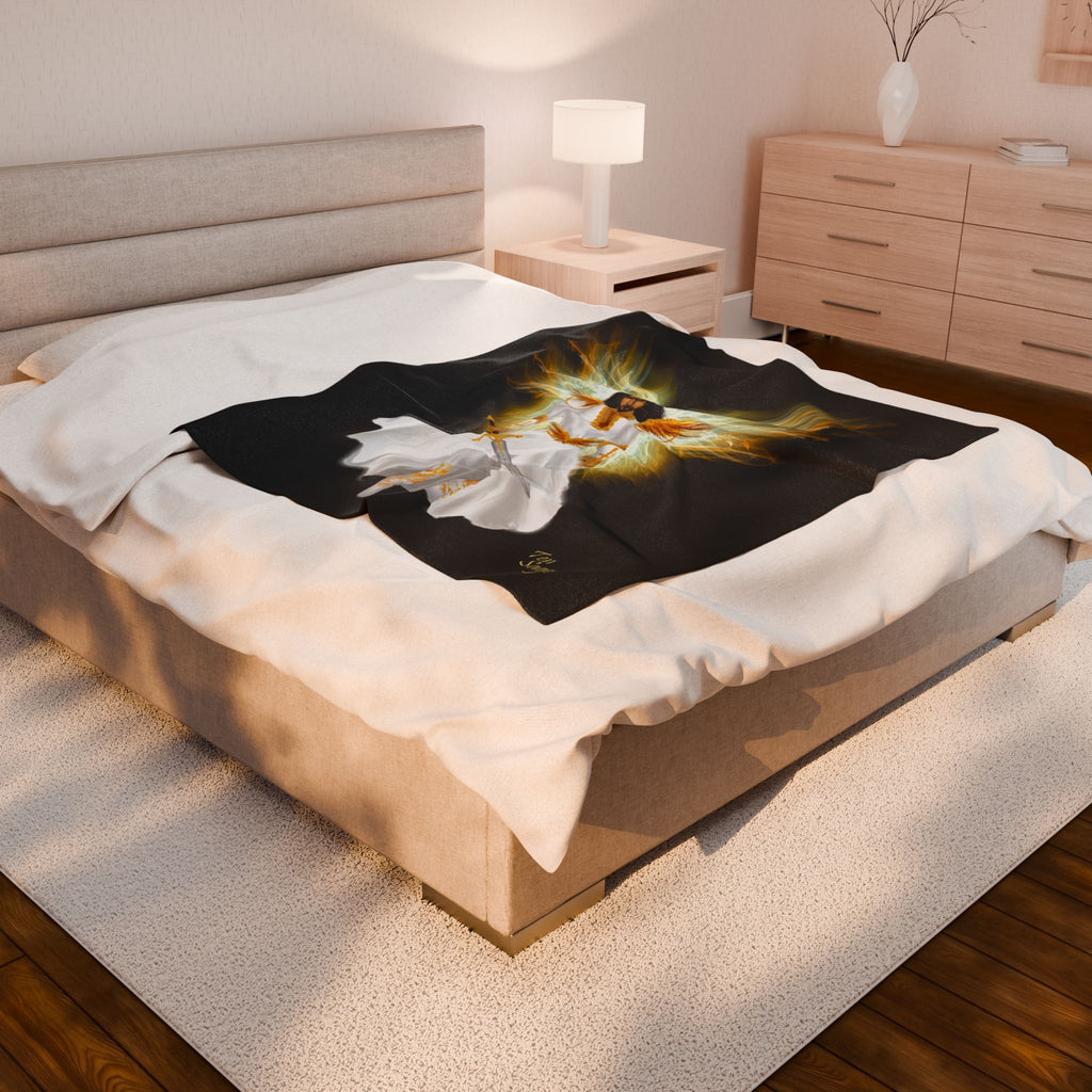 Angel Warrior Velveteen Plush Blanket — Golden Guardian with Sword