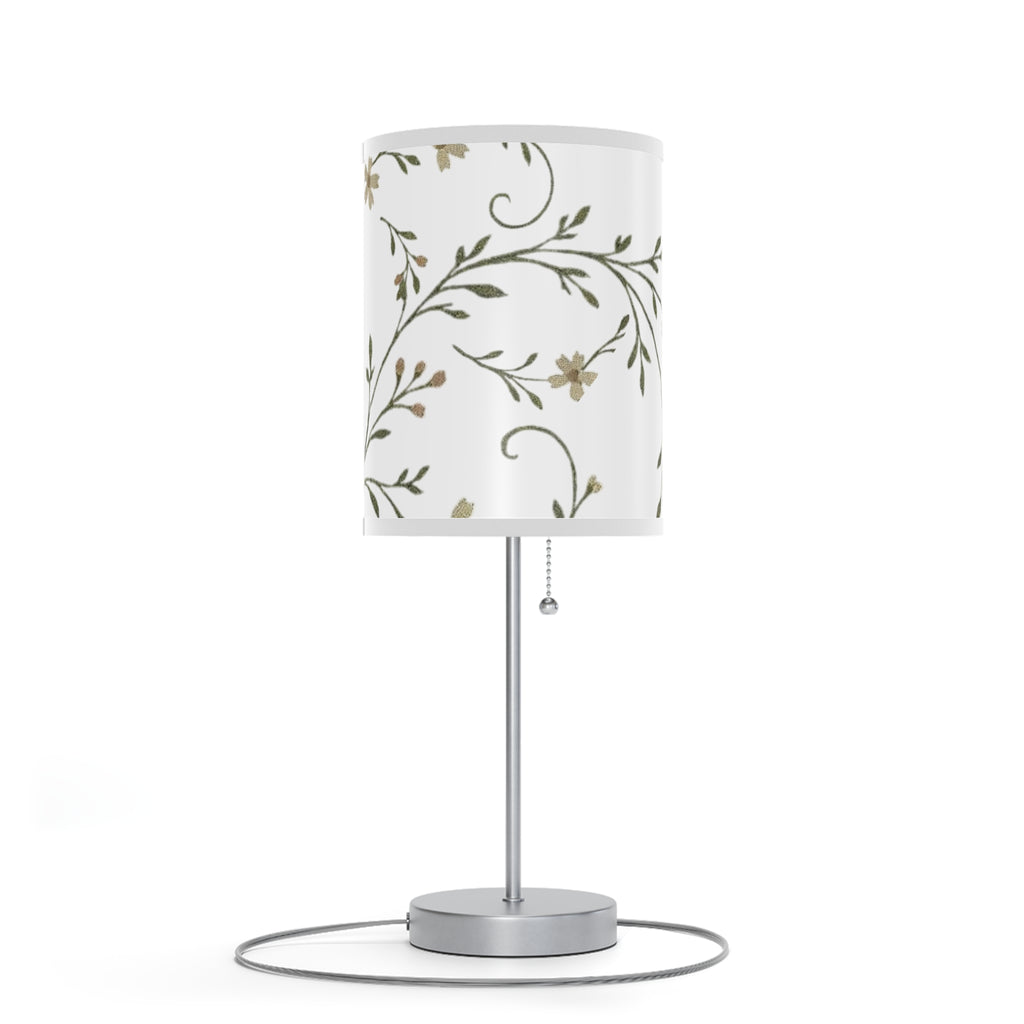Floral Night Table Lamp – Black Botanical Print Lamp with Silver Stand (US/CA Plug)