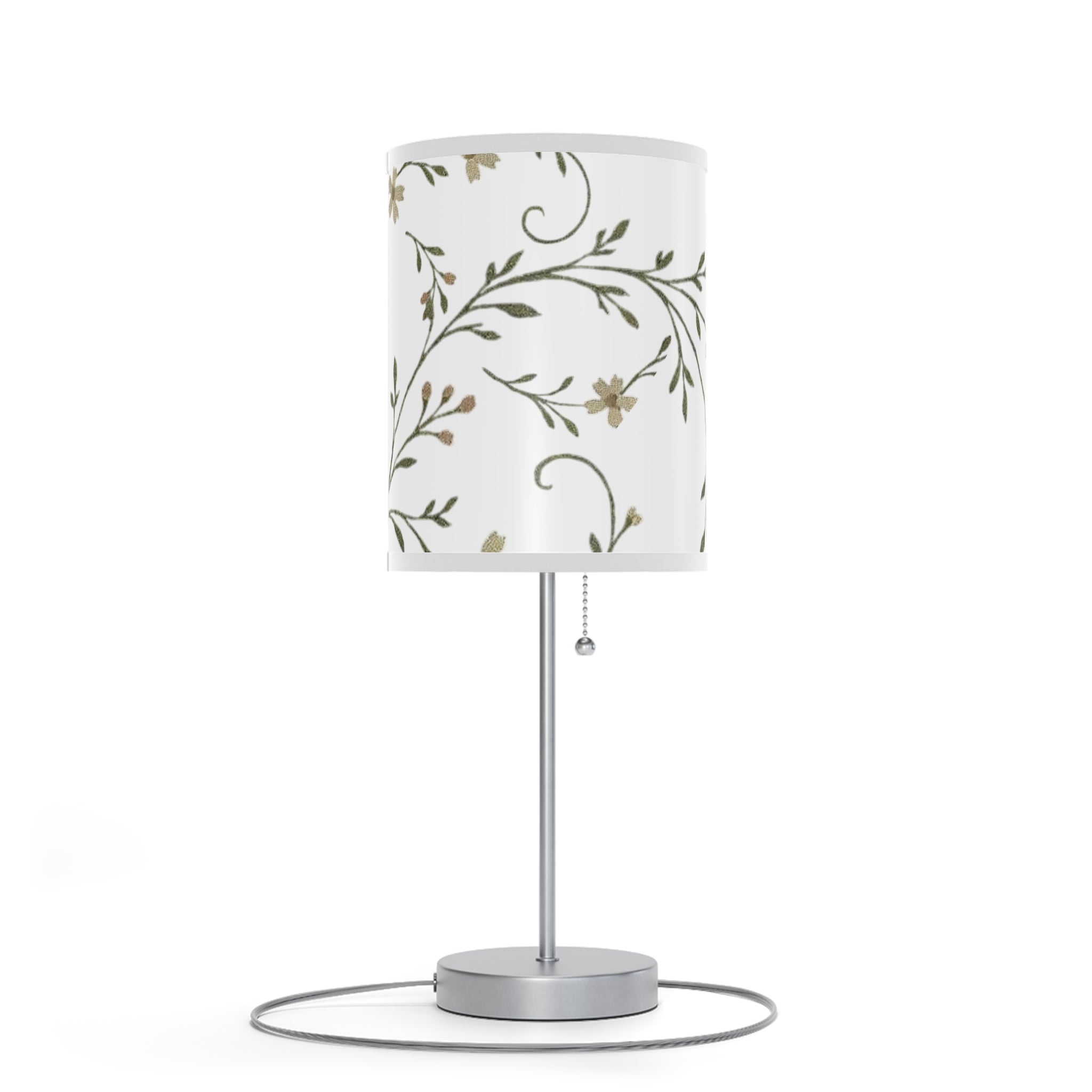 Floral Night Table Lamp – Black Botanical Print Lamp with Silver Stand (US/CA Plug)