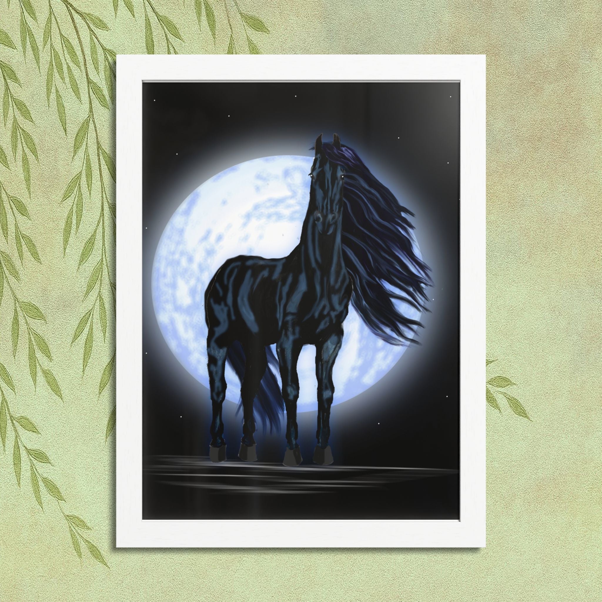 Moonlit Black Horse Framed Poster — Mystical Night Stallion Wall Art