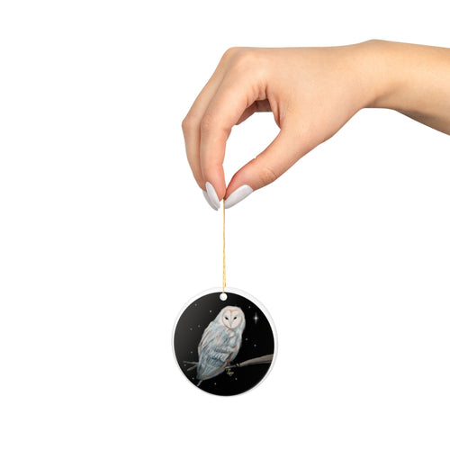 Barn Owl Ceramic Ornament — Two-Sided Night Sky Holiday Decoration