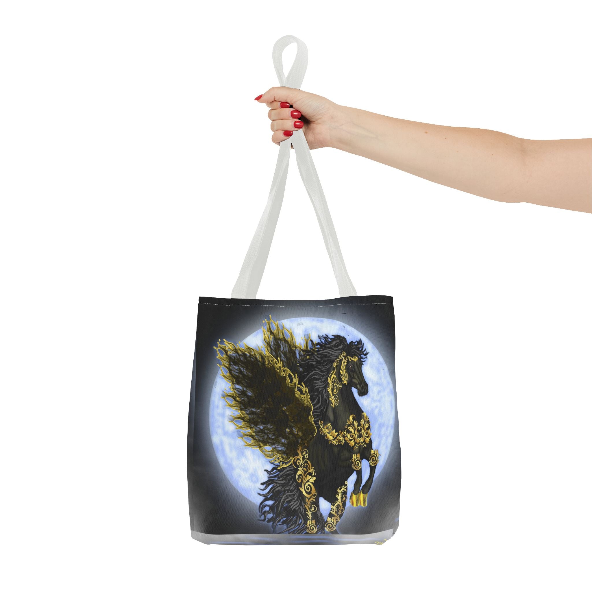 Moonlit Golden Pegasus Tote Bag — Black Winged Horse Art Tote