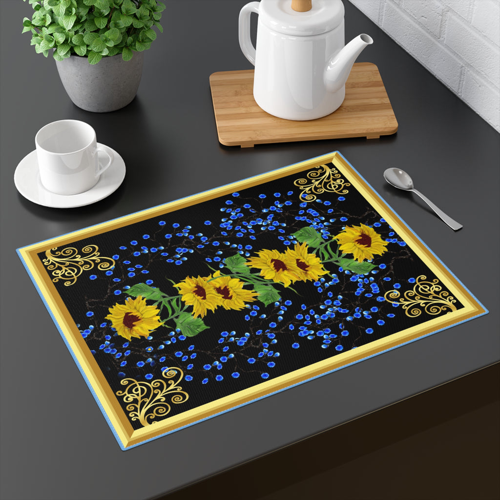 Sunflower & Forget Me Not Place mat — Decorative Table Mat with Gold Corner Accents
