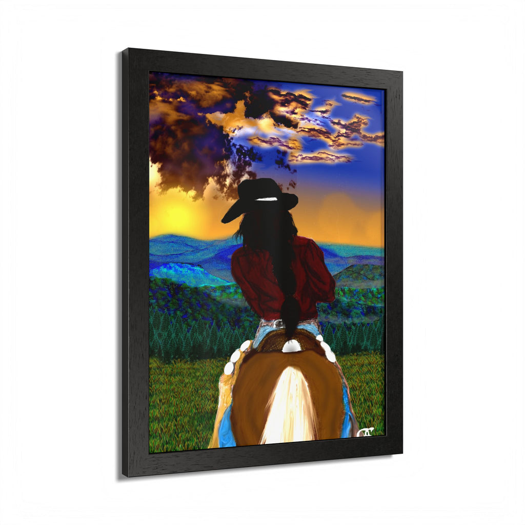 Cowgirl Riding At Sunset Framed Poster – Rider on Horseback Wall Art