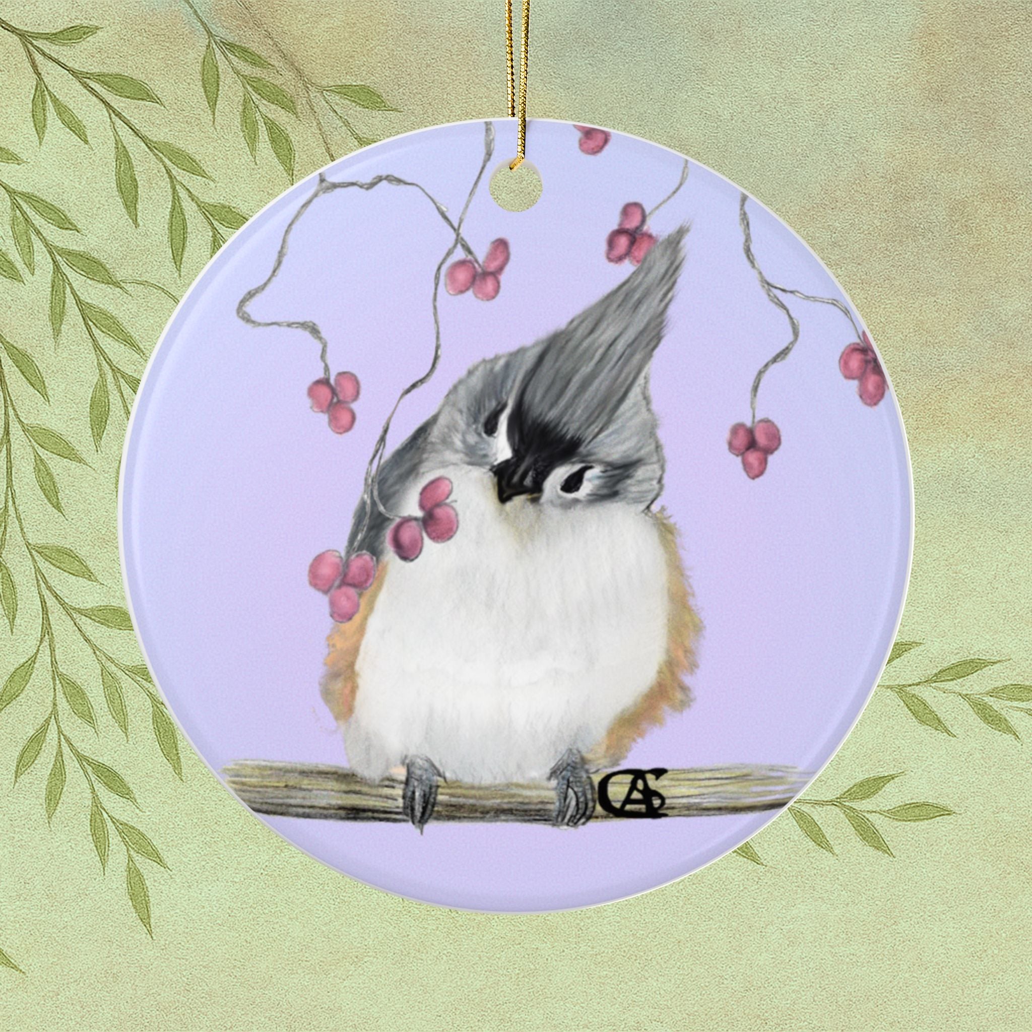 Tufted Titmouse Ceramic Ornament — Hand-Drawn Bird Christmas Decoration