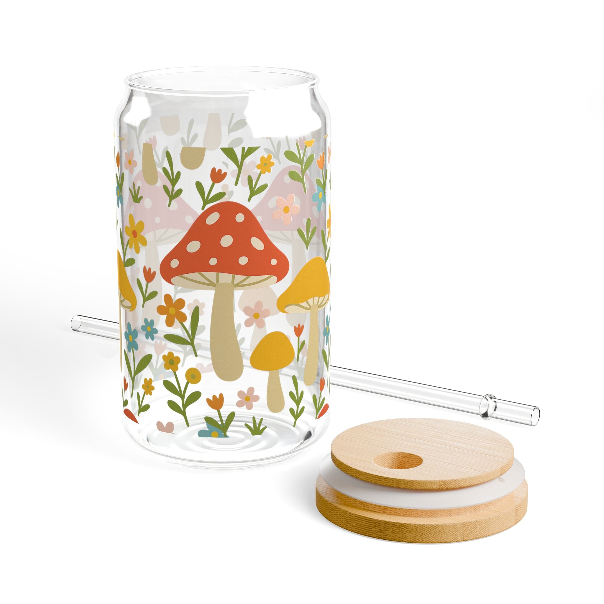 Mushroom Meadow 16oz Glass Sipper — Floral Drink Jar with Bamboo Lid & Straw