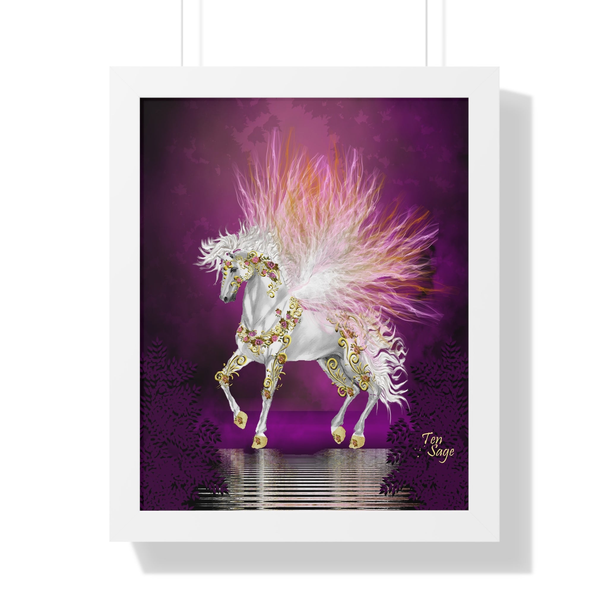 Framed Unicorn Art Print — Magical White Horse Poster with Pink Plumage