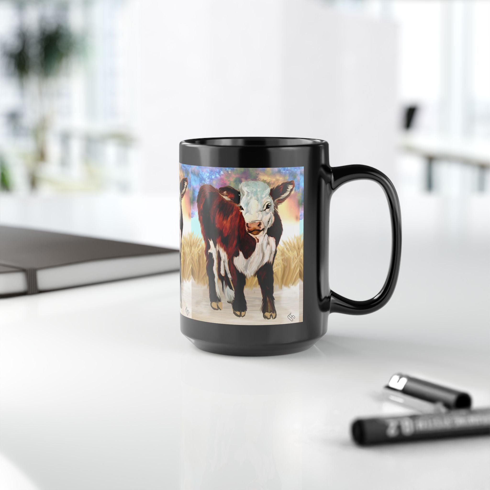 Herford Calf 15oz Black Mug — Playful Calf Coffee Cup