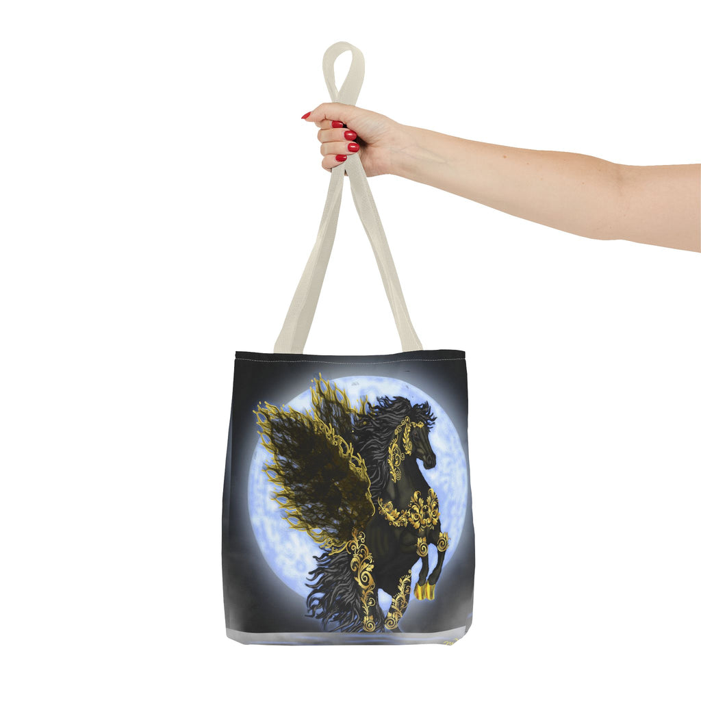 Moonlit Golden Pegasus Tote Bag — Black Winged Horse Art Tote