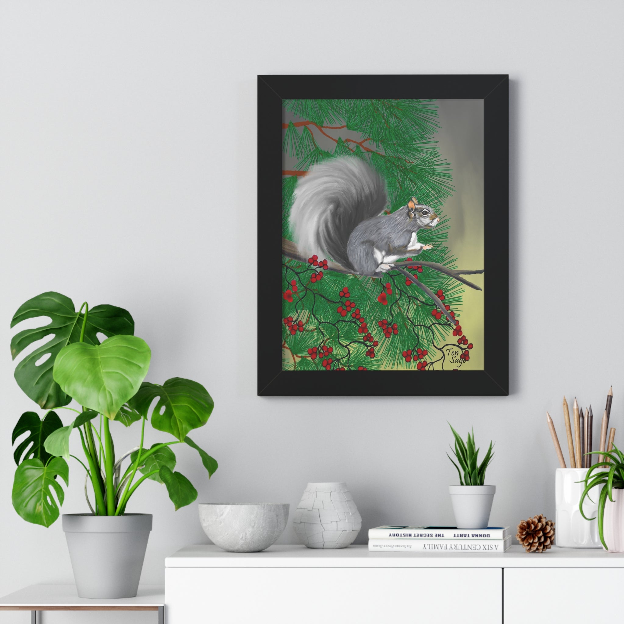 Framed Poster — Gray Squirrel & Holly Winter Art Print