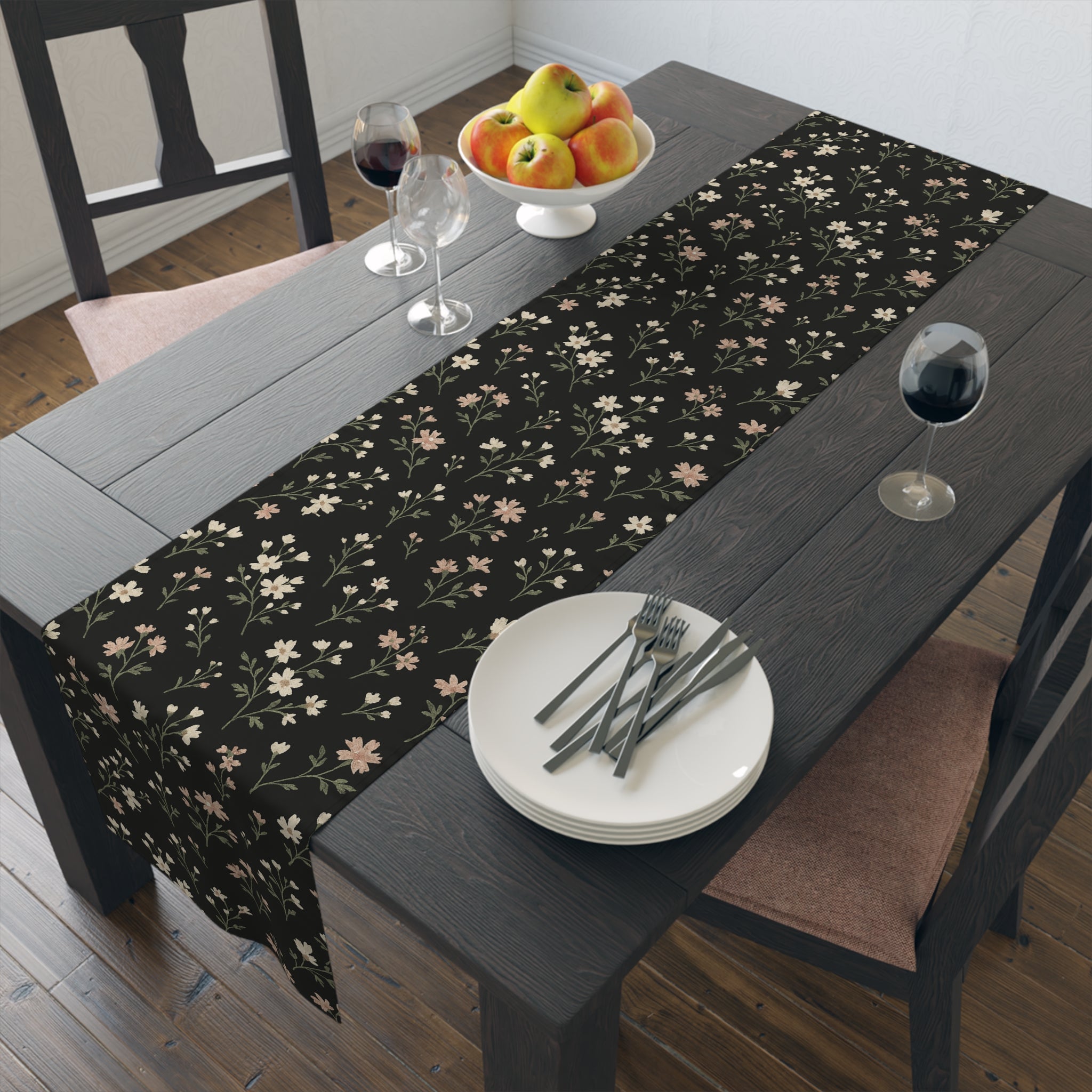 Floral Black Table Runner — Vintage Wildflower Cotton-Poly Blend
