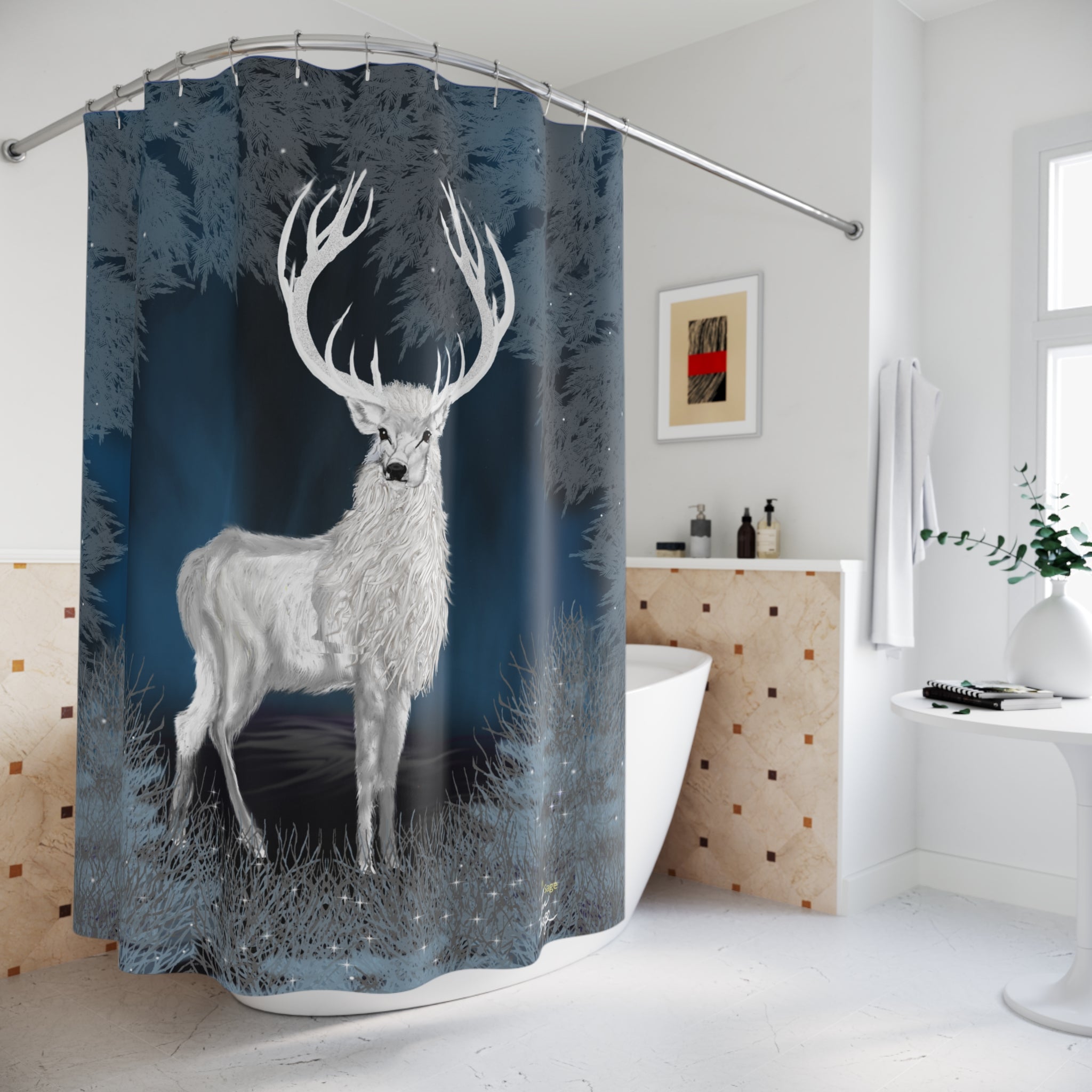 Mystical White Stag Shower Curtain – Winter Forest Bathroom Decor