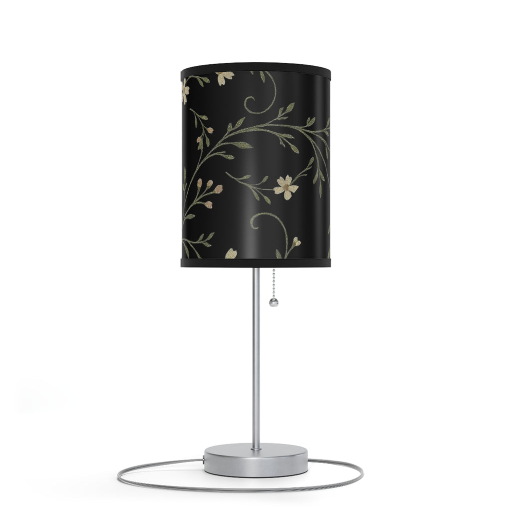Floral Night Table Lamp – Black Botanical Print Lamp with Silver Stand (US/CA Plug)
