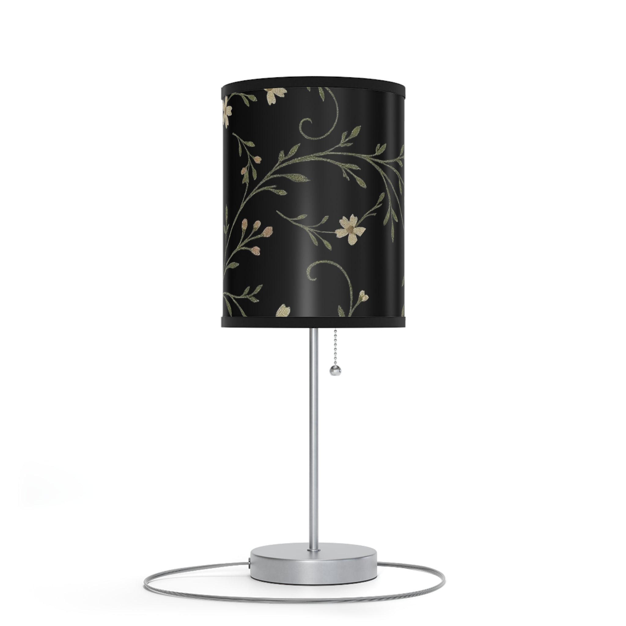 Floral Night Table Lamp – Black Botanical Print Lamp with Silver Stand (US/CA Plug)
