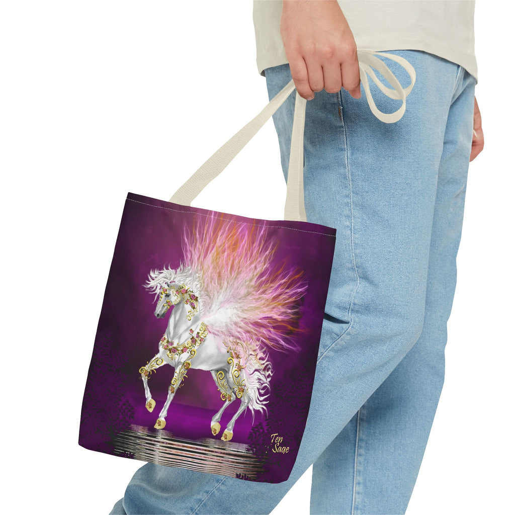 Unicorn Fantasy Tote Bag — Magical White Horse with Pink Feathers