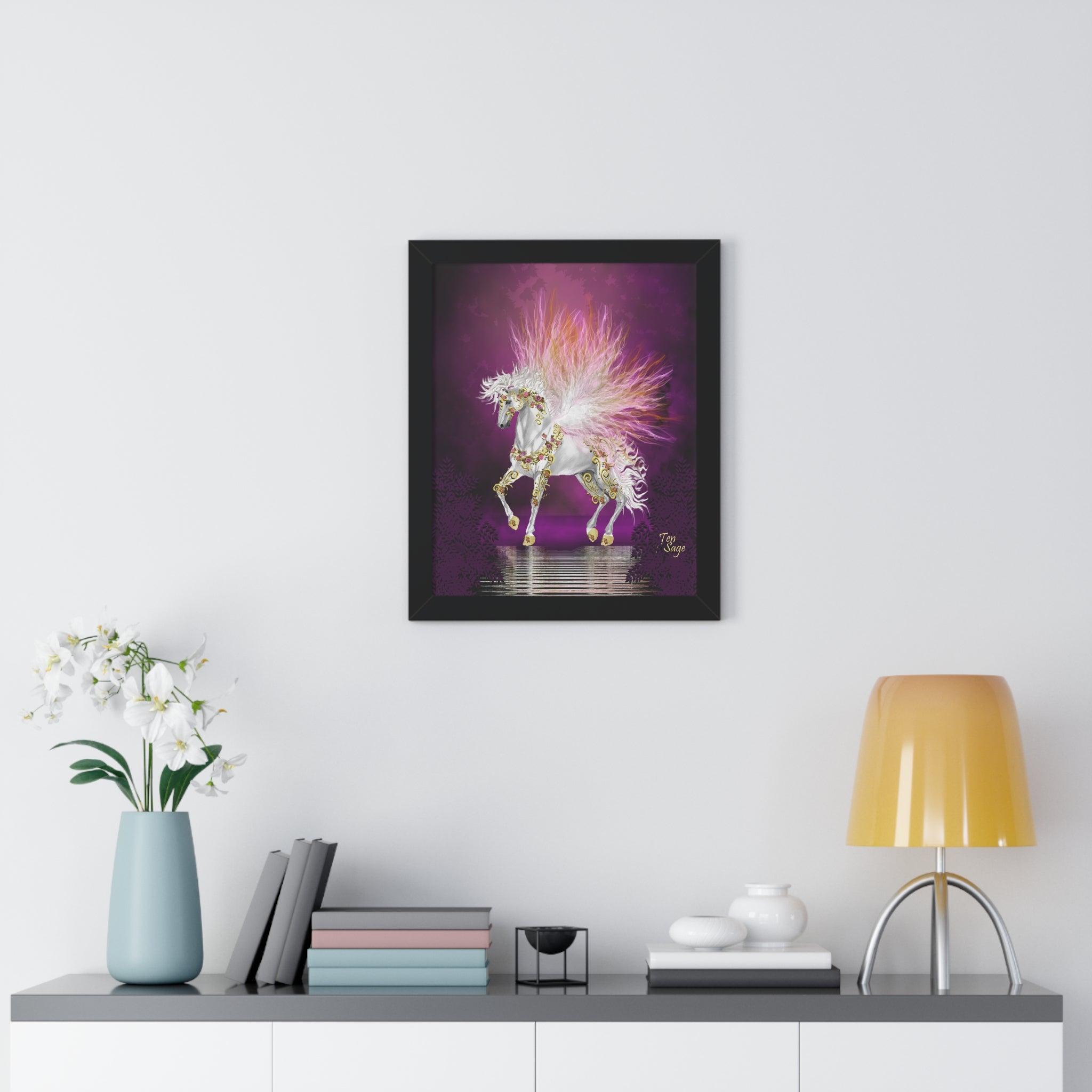 Framed Unicorn Art Print — Magical White Horse Poster with Pink Plumage