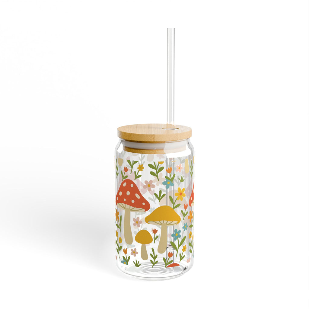 Mushroom Meadow 16oz Glass Sipper — Floral Drink Jar with Bamboo Lid & Straw
