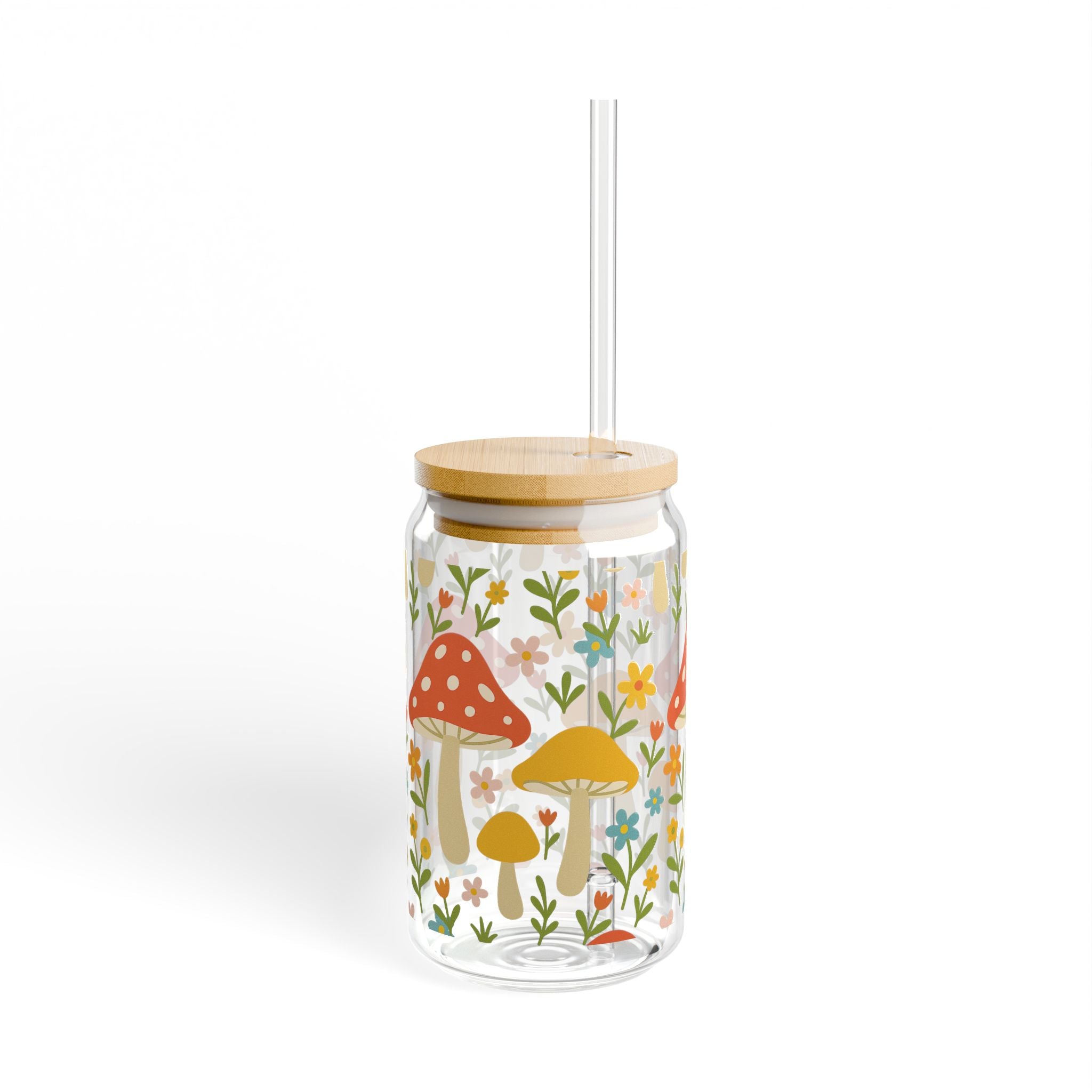 Mushroom Meadow 16oz Glass Sipper — Floral Drink Jar with Bamboo Lid & Straw