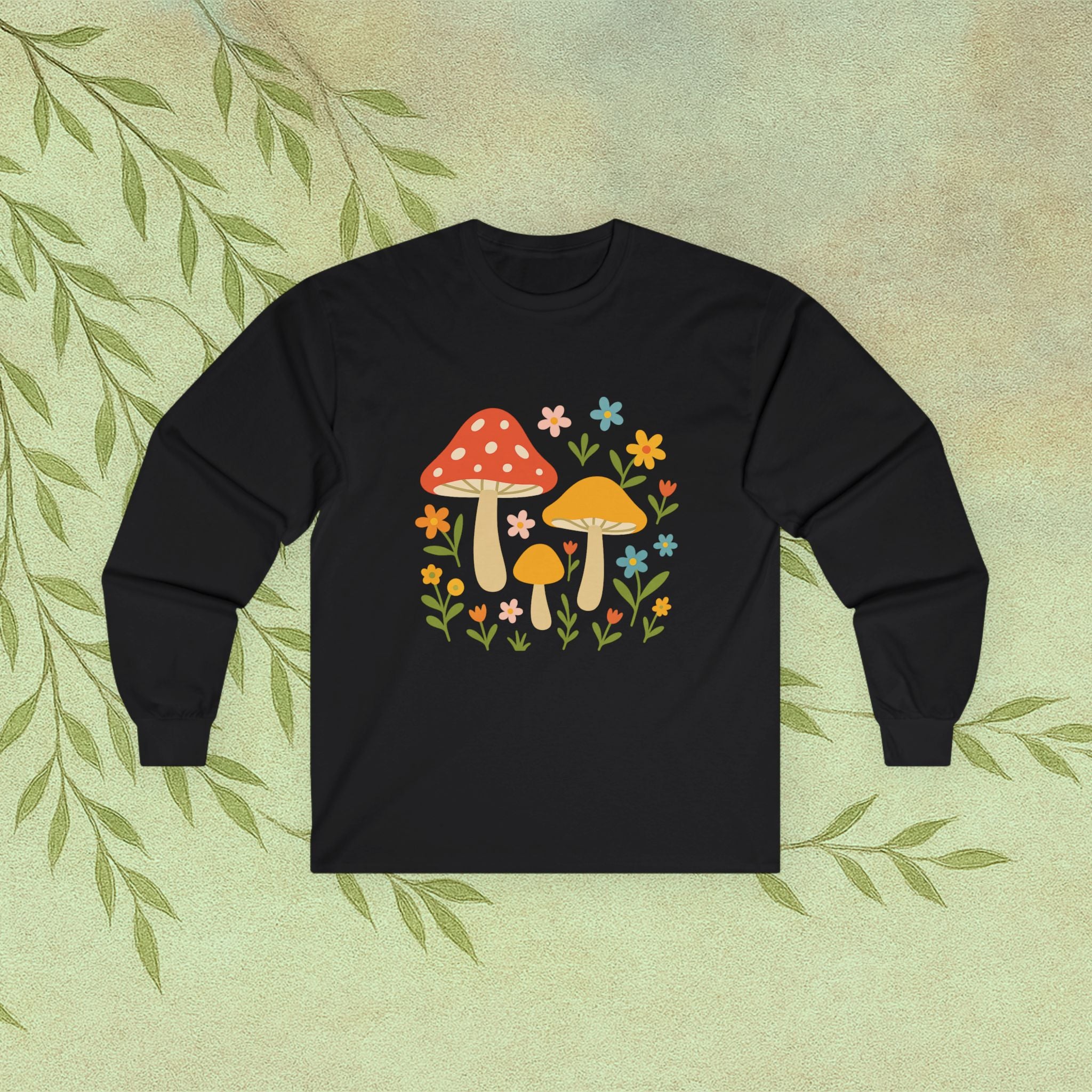 Mushroom Garden Long Sleeve Tee — Cute Floral Fungi Graphic