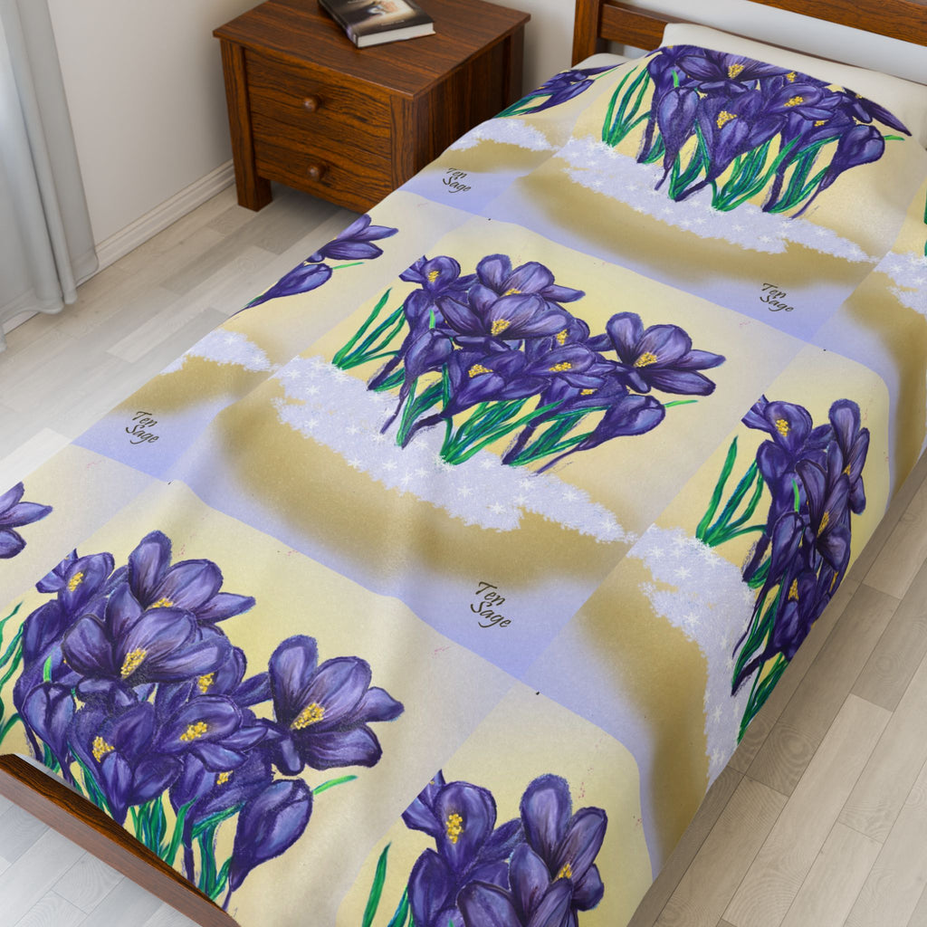 Velveteen Plush Blanket — Purple Crocus Floral Throw, Cozy Botanical Spring Gift