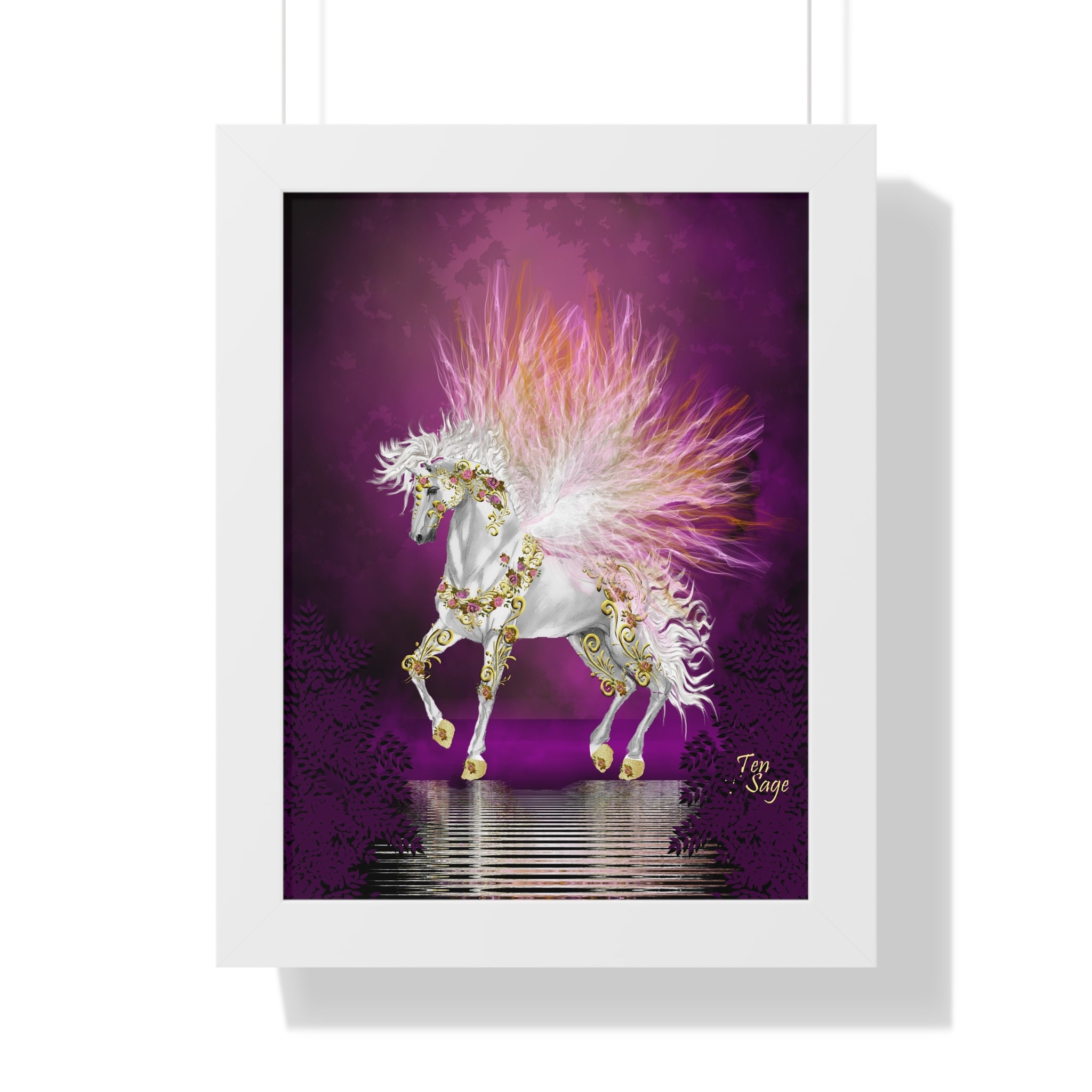 Framed Unicorn Art Print — Magical White Horse Poster with Pink Plumage