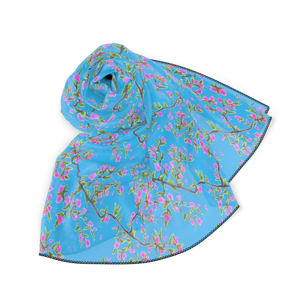 Blossom Breeze Scarf — Blue Cherry Blossom Floral Poly Scarf