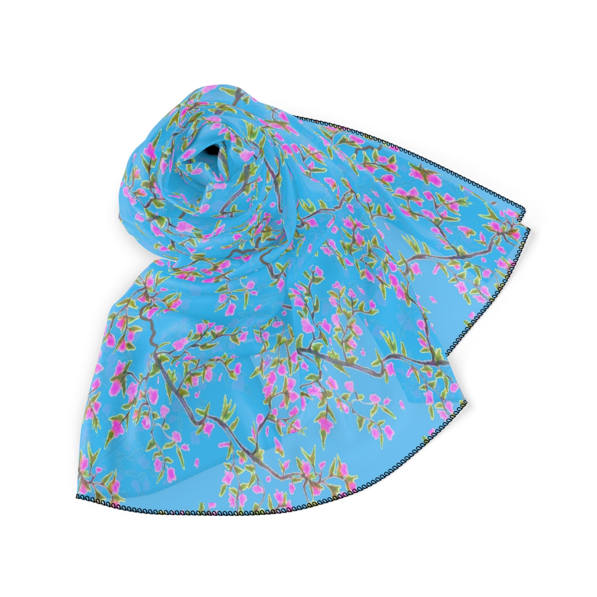 Blossom Breeze Scarf — Blue Cherry Blossom Floral Poly Scarf