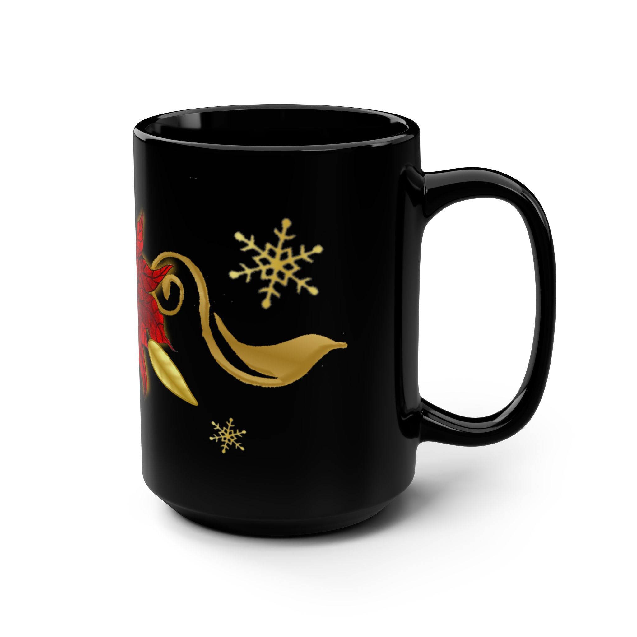 Poinsettia & Gold Snowflakes Black Coffee Mug — 15oz Holiday Tea Cup