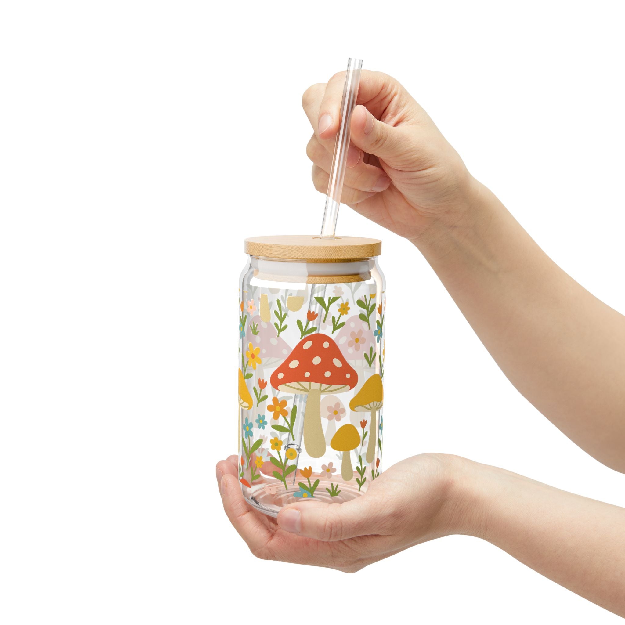 Mushroom Meadow 16oz Glass Sipper — Floral Drink Jar with Bamboo Lid & Straw