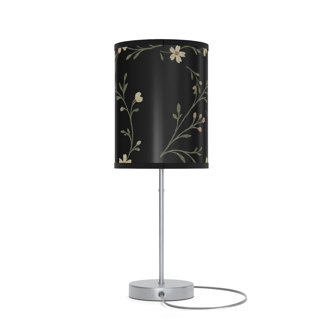 Floral Night Table Lamp – Black Botanical Print Lamp with Silver Stand (US/CA Plug)