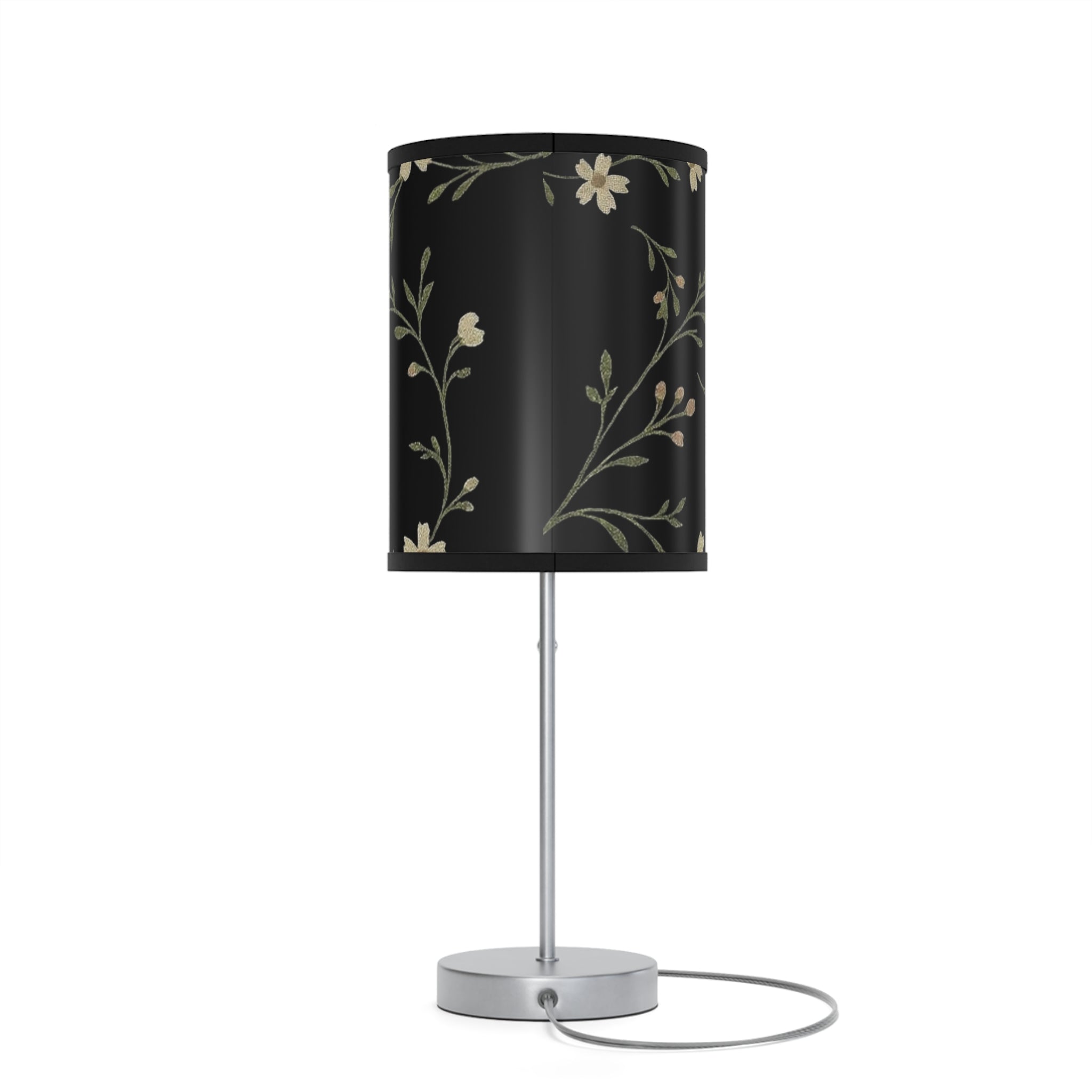 Floral Night Table Lamp – Black Botanical Print Lamp with Silver Stand (US/CA Plug)