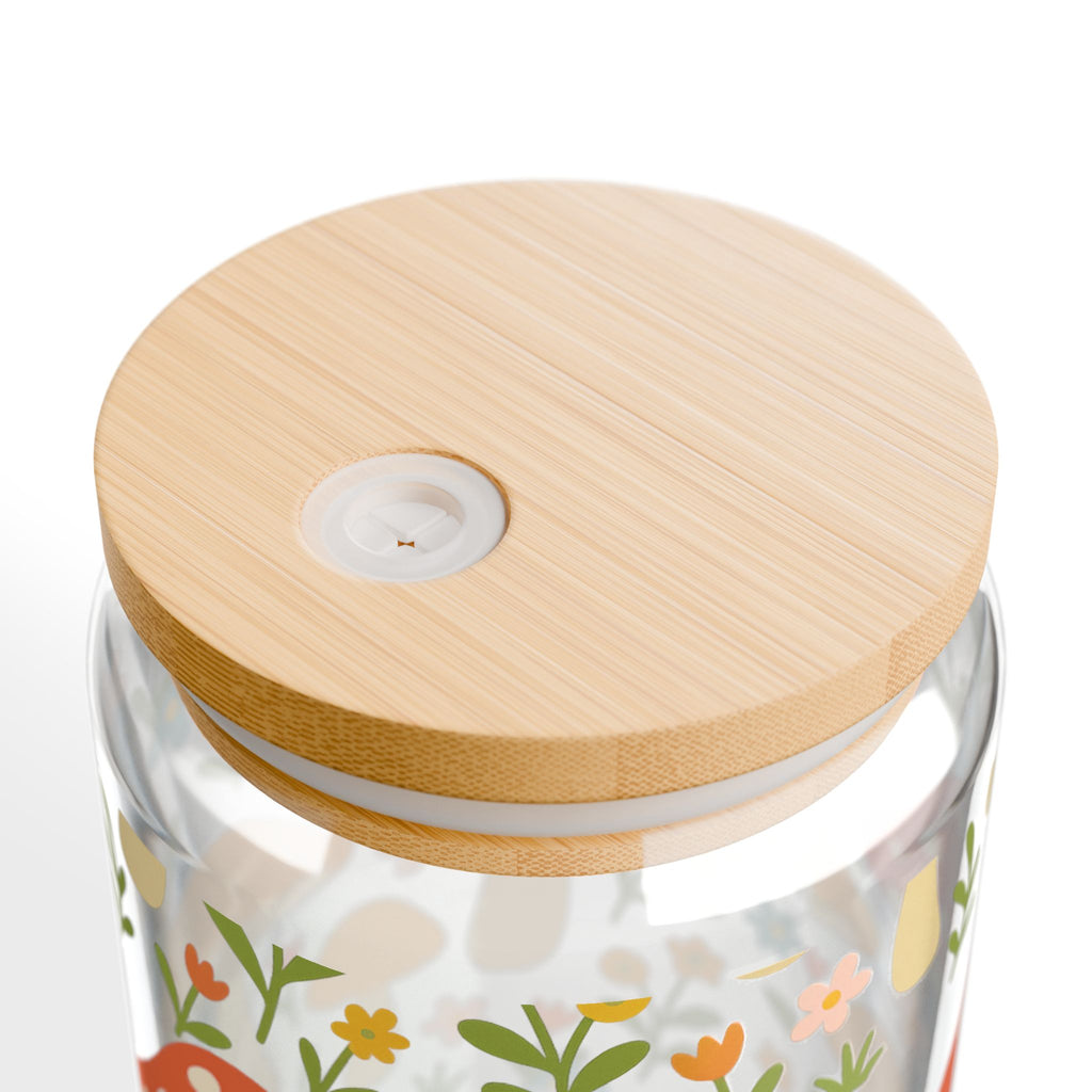 Mushroom Meadow 16oz Glass Sipper — Floral Drink Jar with Bamboo Lid & Straw