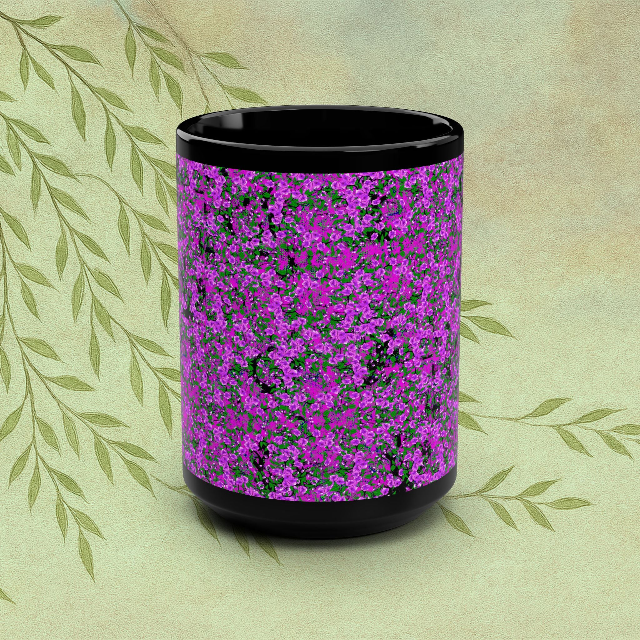 15oz Black Mug — Vibrant Purple Floral Pattern Coffee Cup