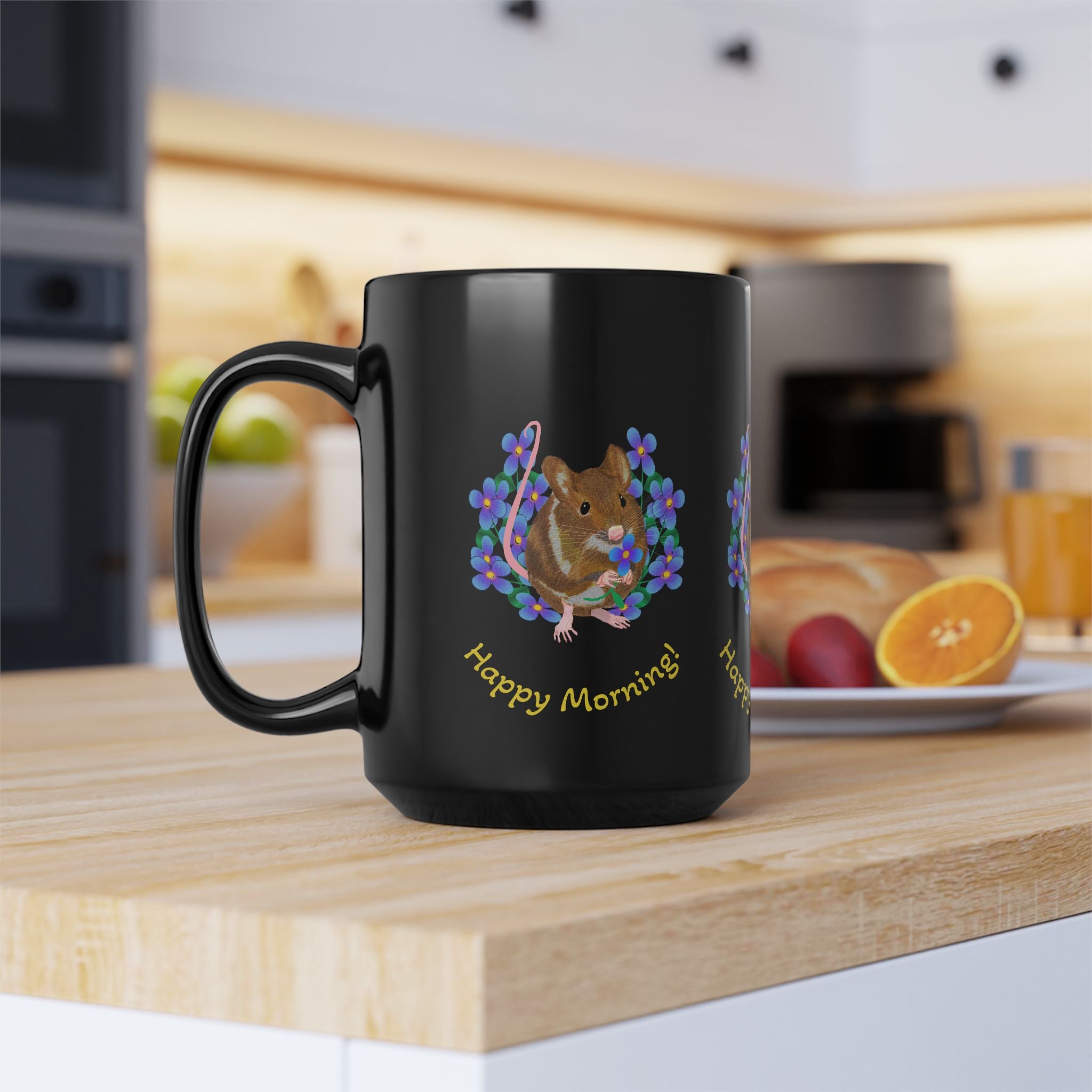 Happy Morning Mug — Cute Mouse with Flowers 15oz Black Coffee Cup