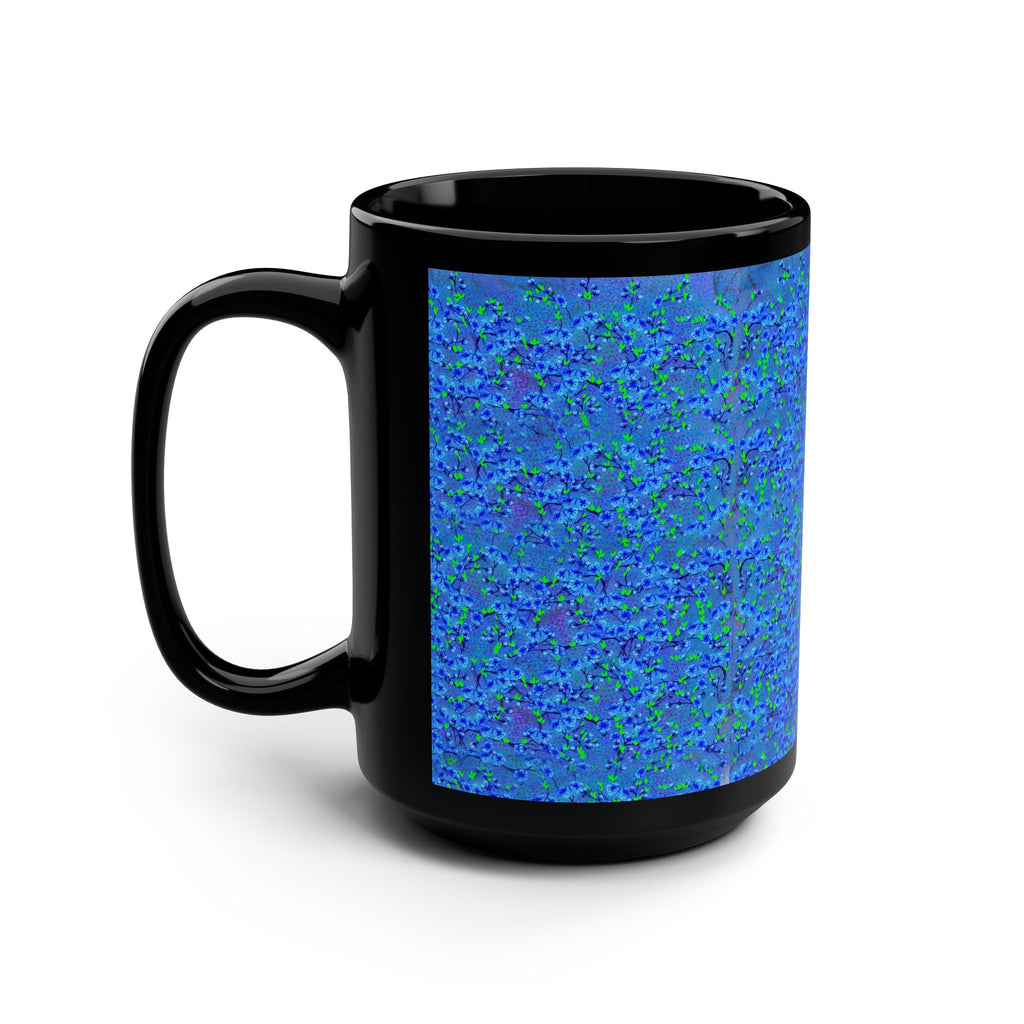 Blue Floral Over Black 15oz Mug — Textured Art Coffee Cup