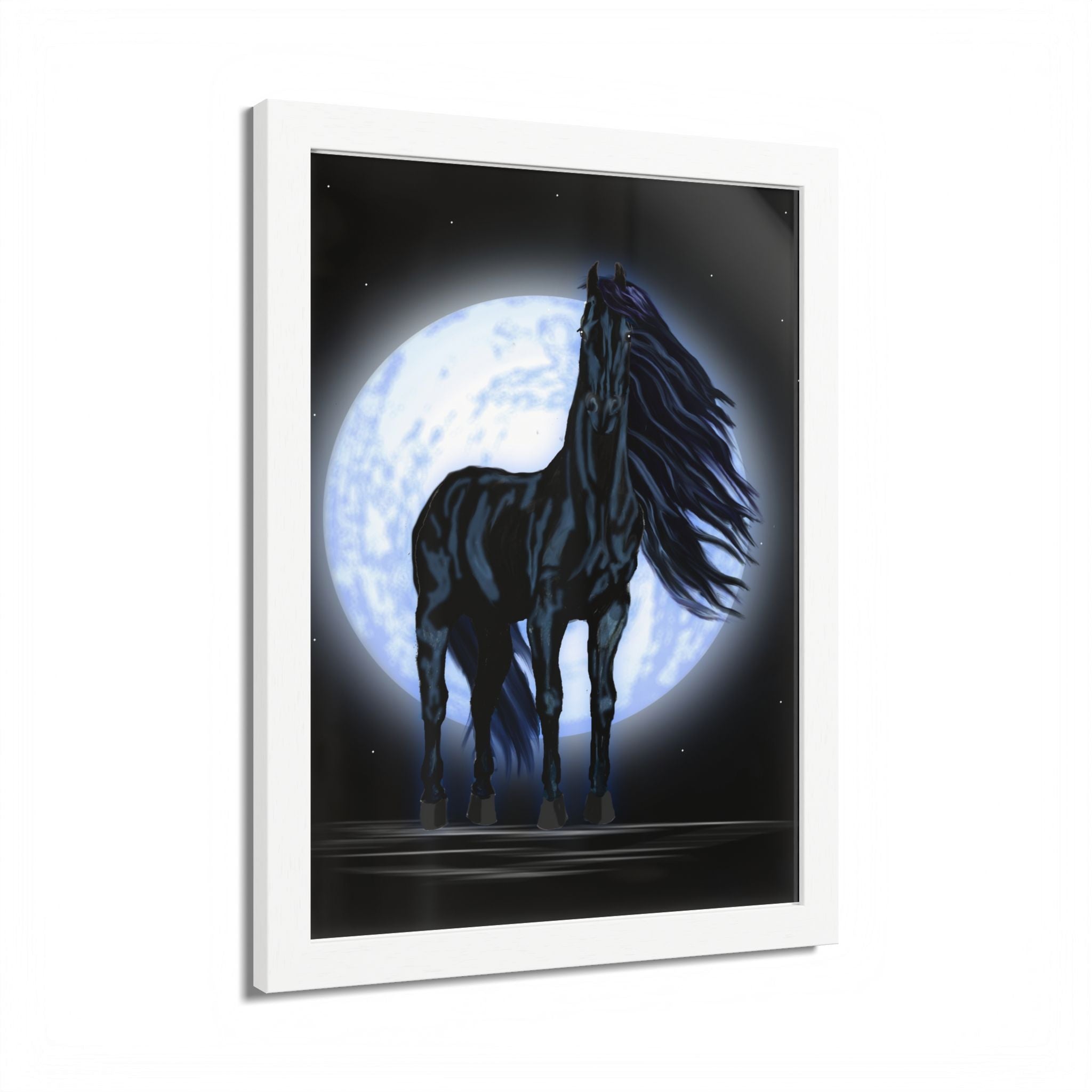 Moonlit Black Horse Framed Poster — Mystical Night Stallion Wall Art