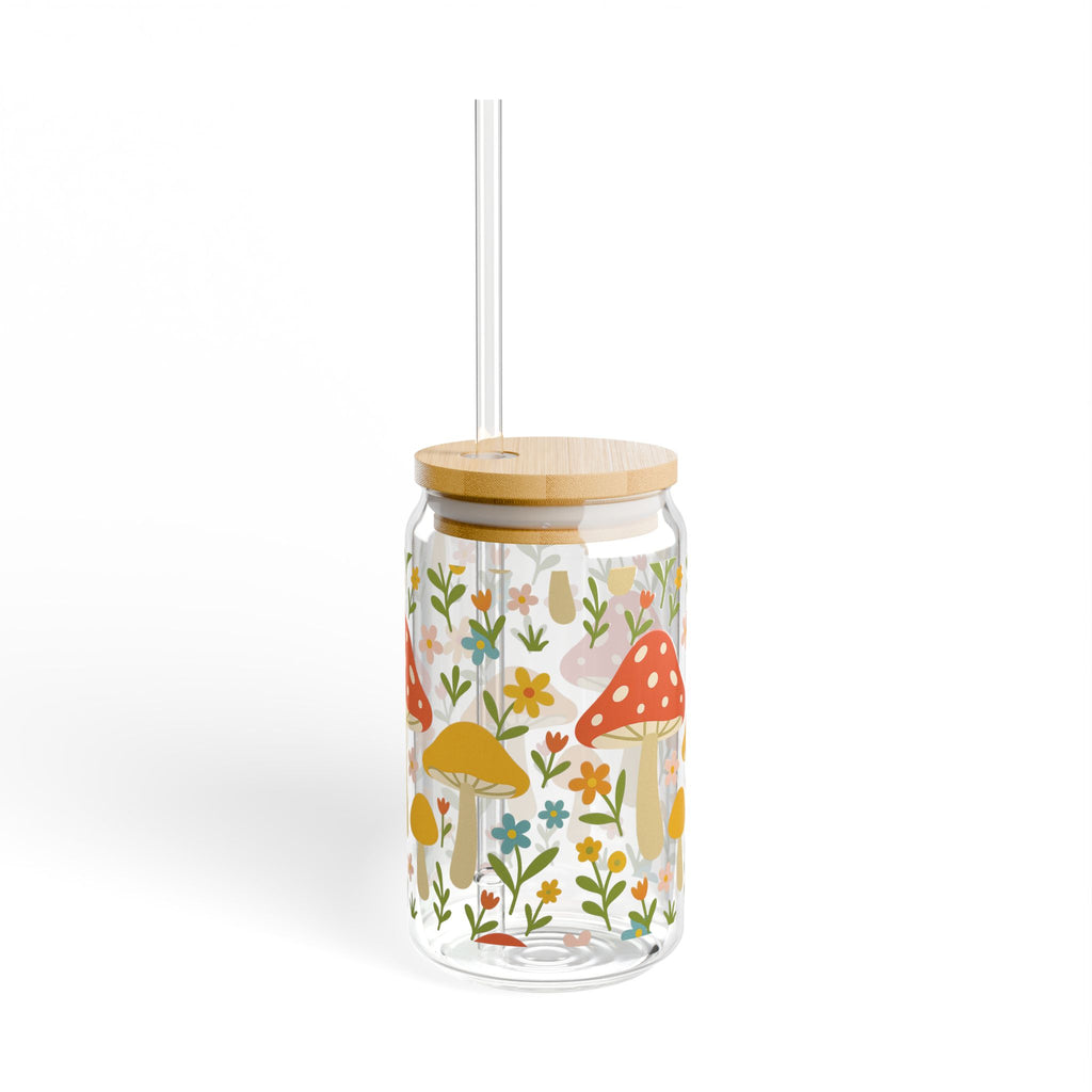Mushroom Meadow 16oz Glass Sipper — Floral Drink Jar with Bamboo Lid & Straw