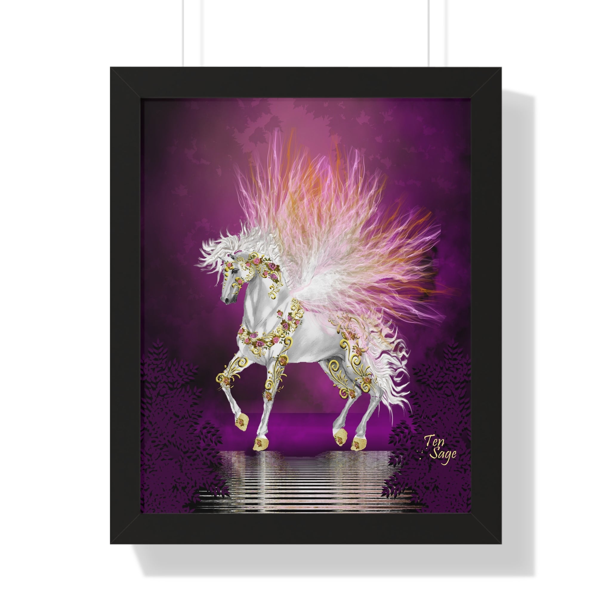 Framed Unicorn Art Print — Magical White Horse Poster with Pink Plumage