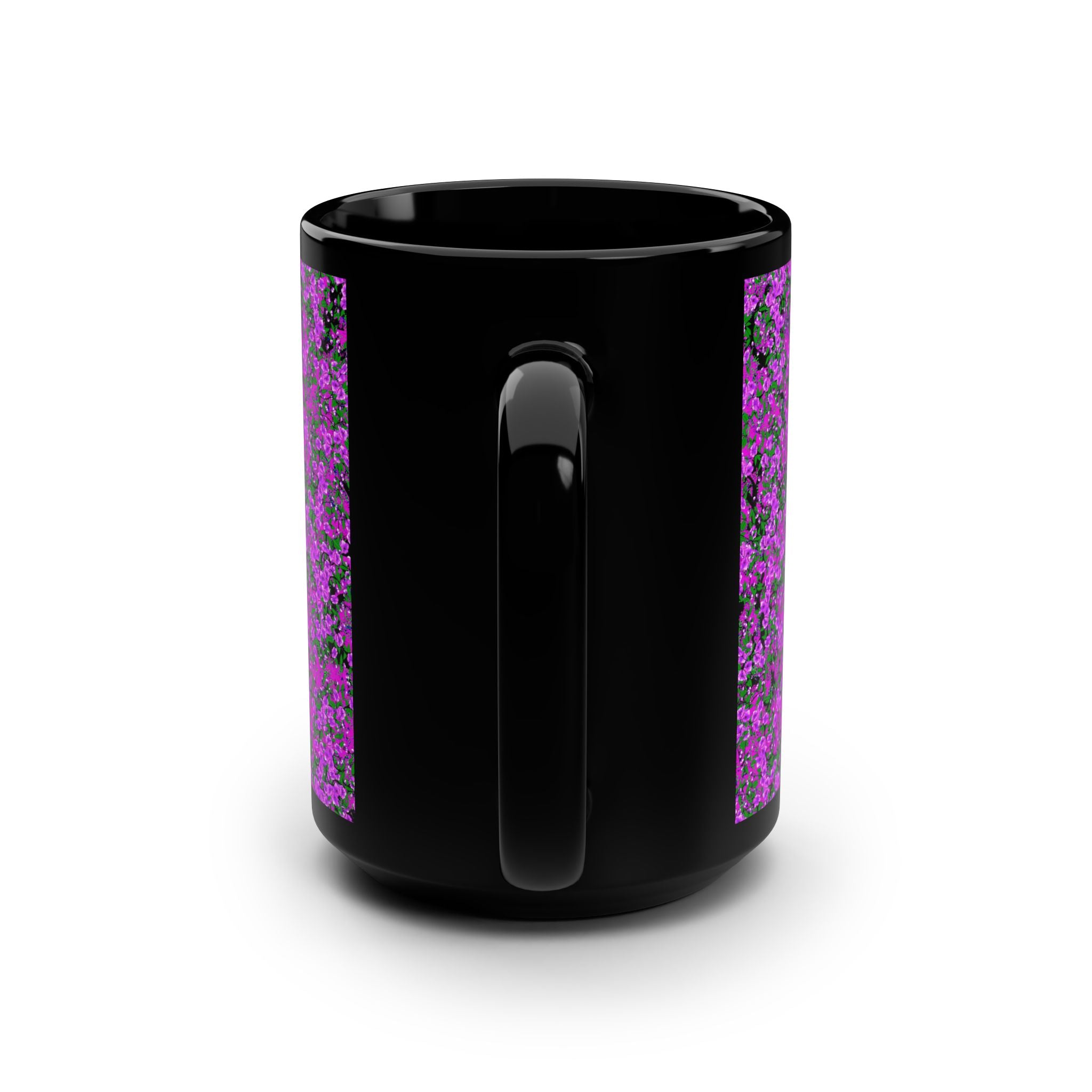 15oz Black Mug — Vibrant Purple Floral Pattern Coffee Cup
