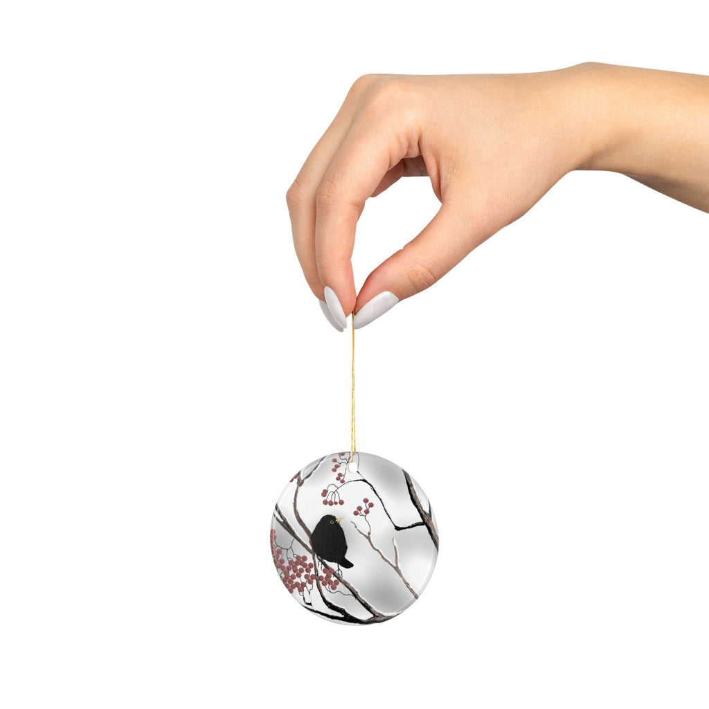 Blackbird & Berry Ceramic Ornament — Double-Sided Holiday Tree Decoration