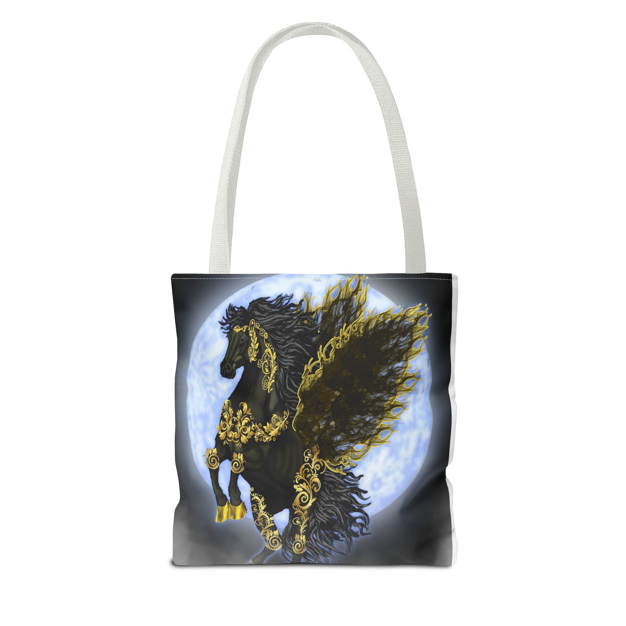 Moonlit Golden Pegasus Tote Bag — Black Winged Horse Art Tote