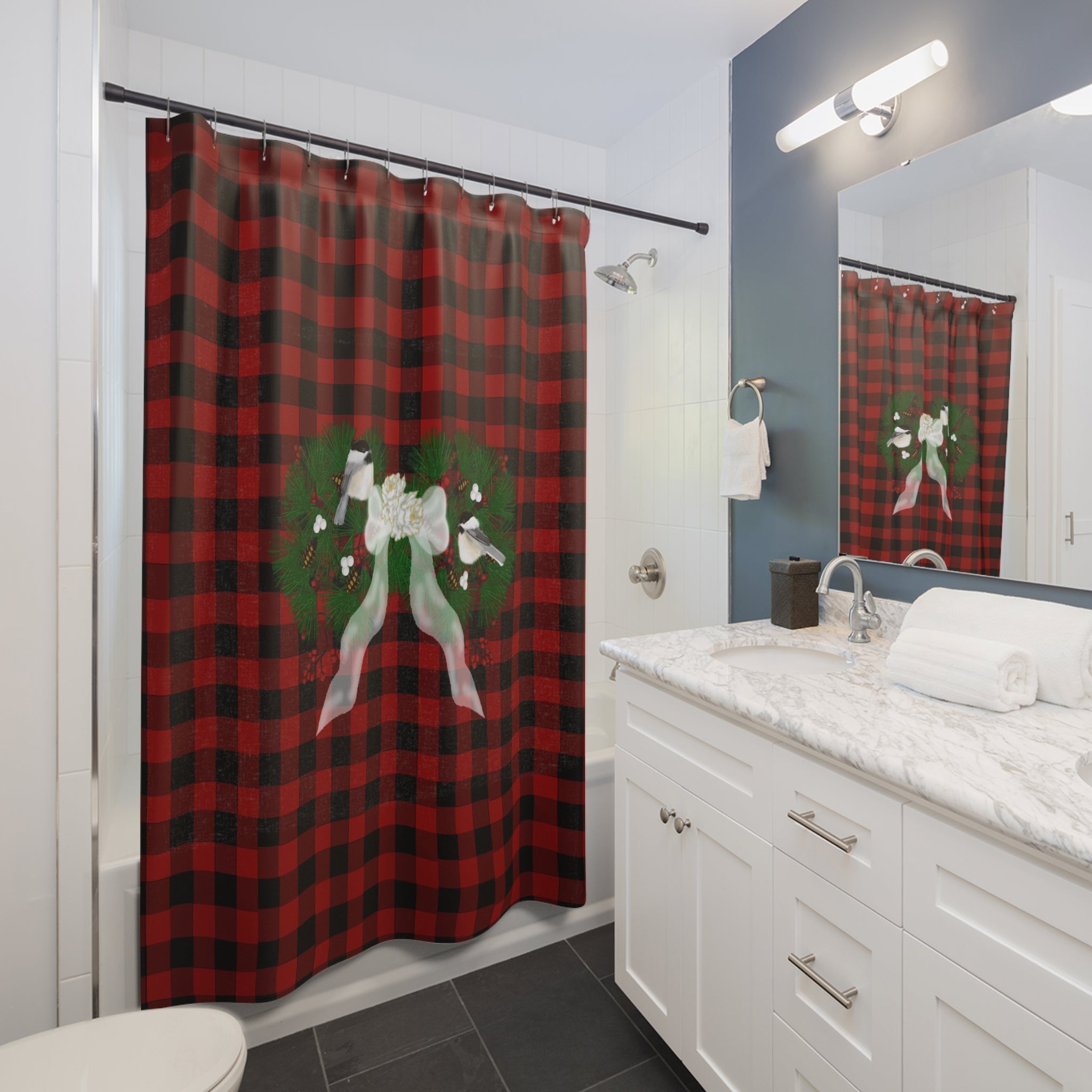 Holiday Buffalo Plaid Shower Curtain with Wreath & Chickadee Accent