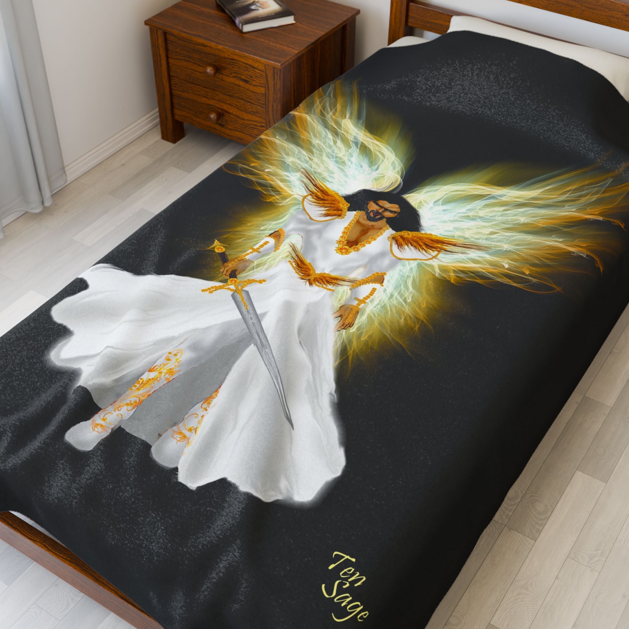 Angel Warrior Velveteen Plush Blanket — Golden Guardian with Sword