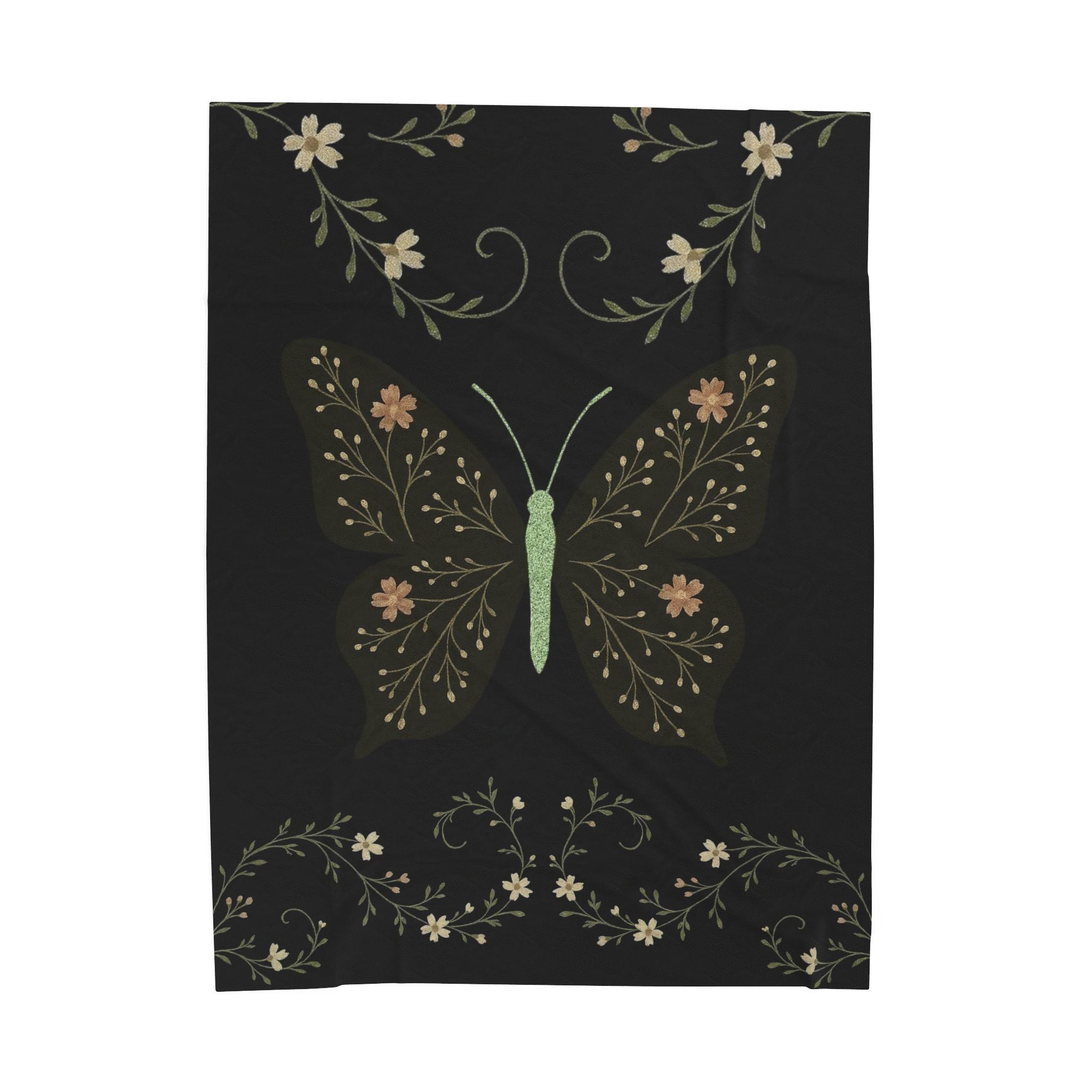 Botanical Butterfly Velveteen Plush Blanket – Floral Night Garden Throw