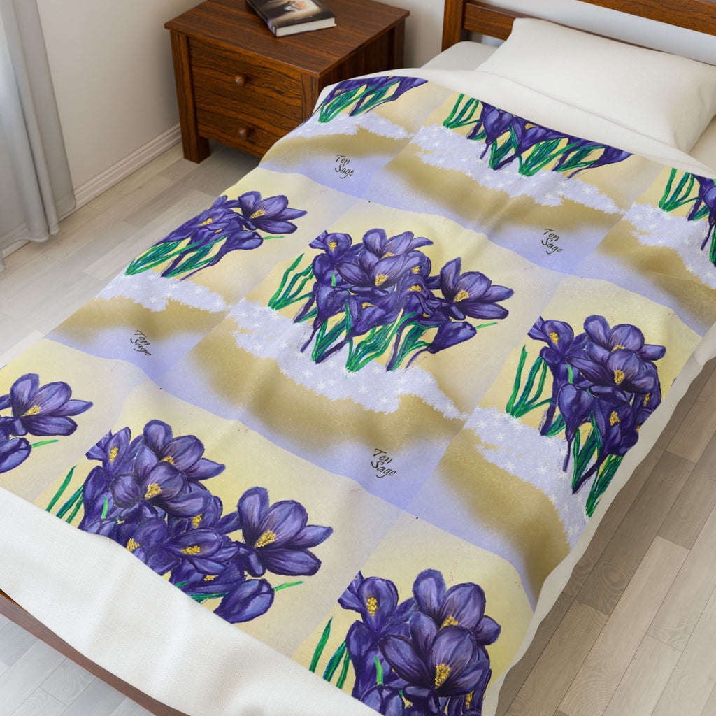 Velveteen Plush Blanket — Purple Crocus Floral Throw, Cozy Botanical Spring Gift