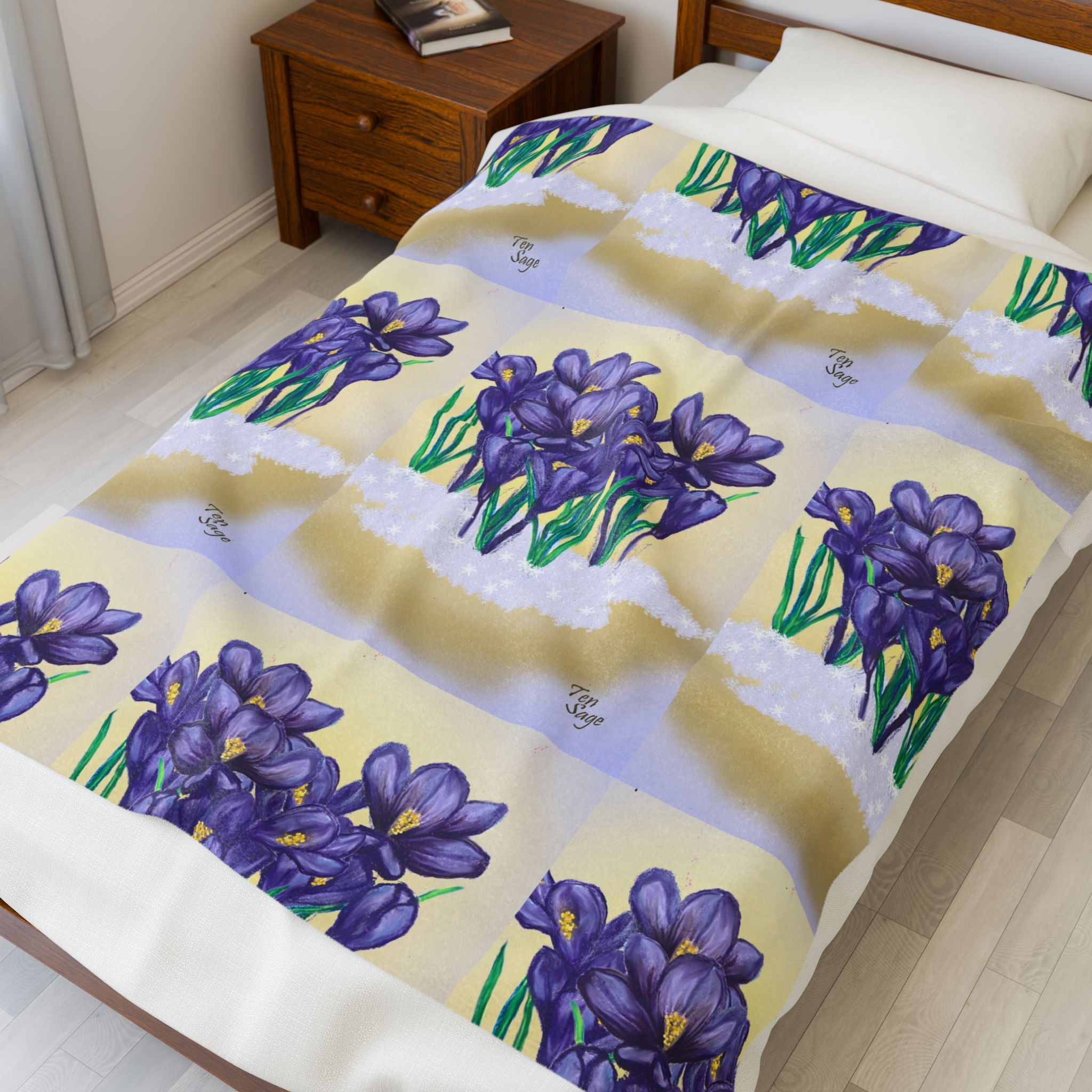 Velveteen Plush Blanket — Purple Crocus Floral Throw, Cozy Botanical Spring Gift