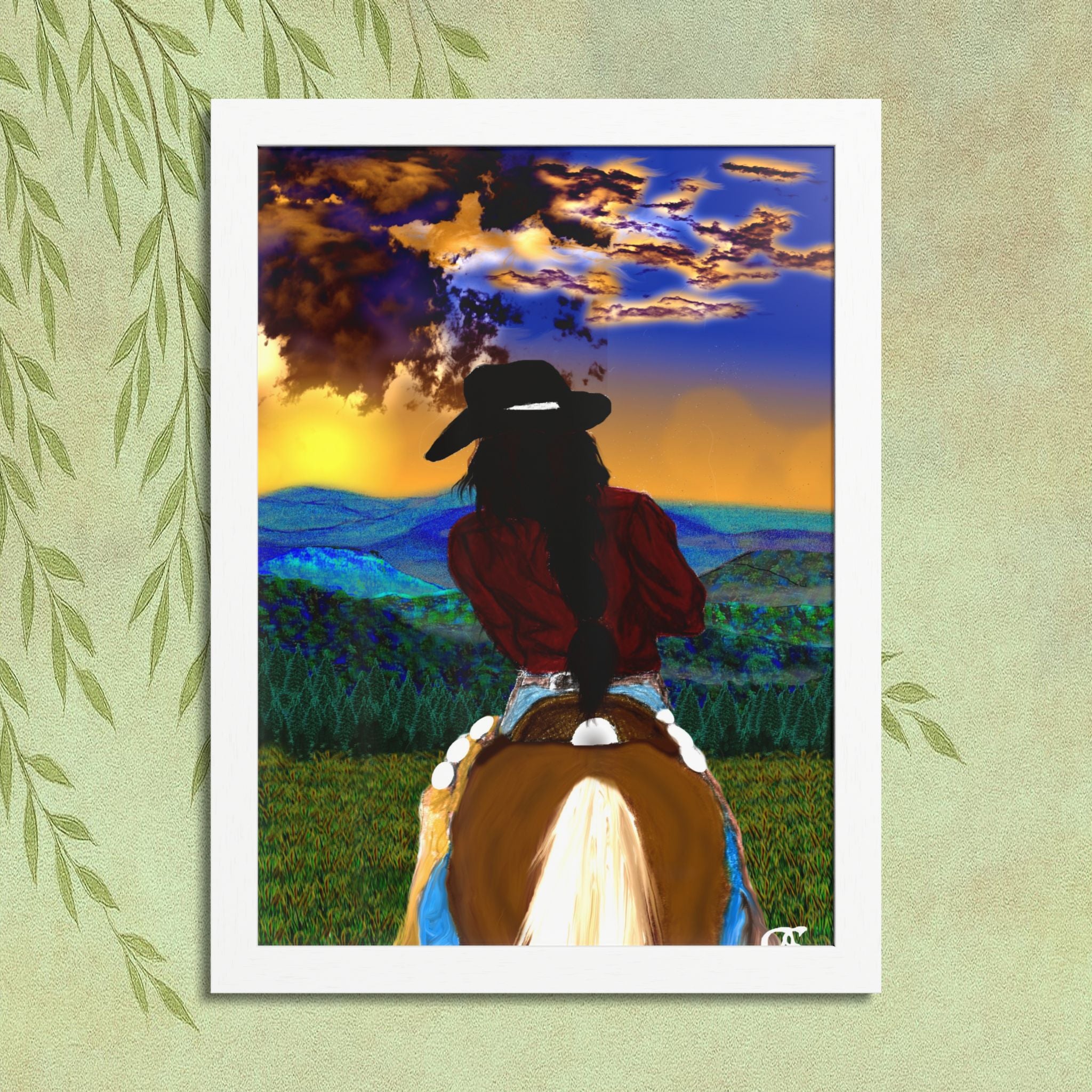 Cowgirl Riding At Sunset Framed Poster – Rider on Horseback Wall Art