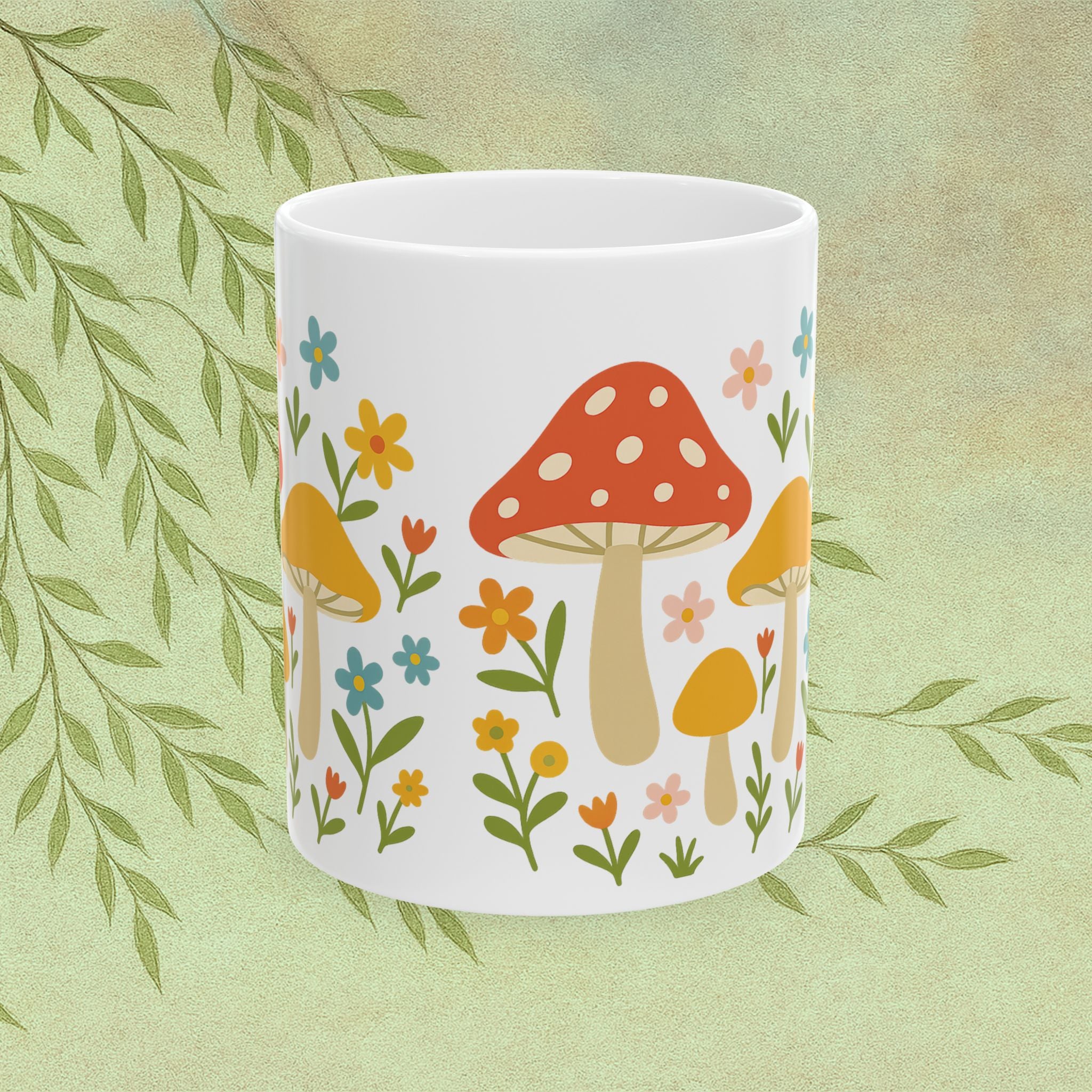 Mushroom Floral Ceramic Mug — Cute Garden Coffee Cup (11oz)