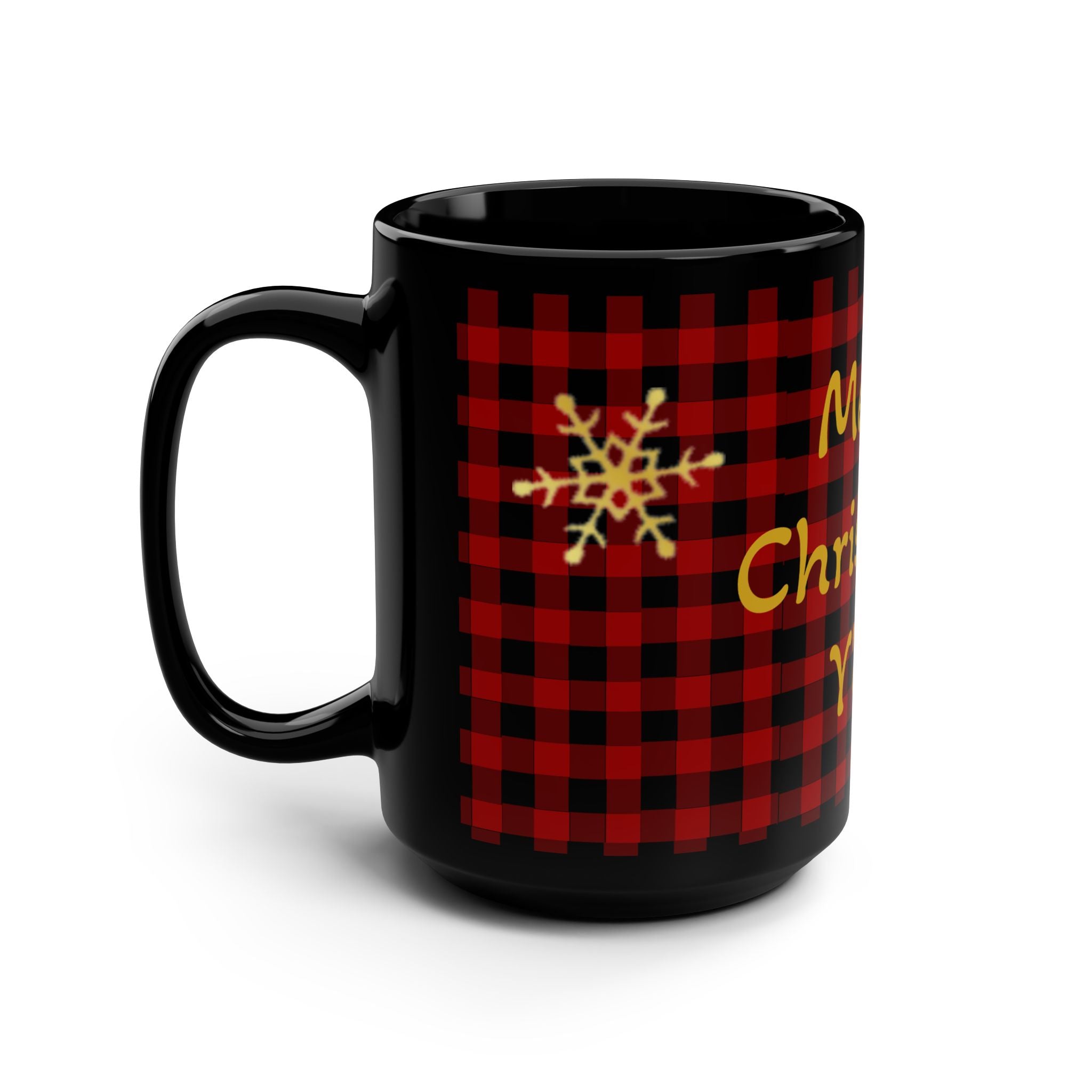 Merry Christmas Y'all 15oz Black Mug — Red Buffalo Plaid Holiday Coffee Cup